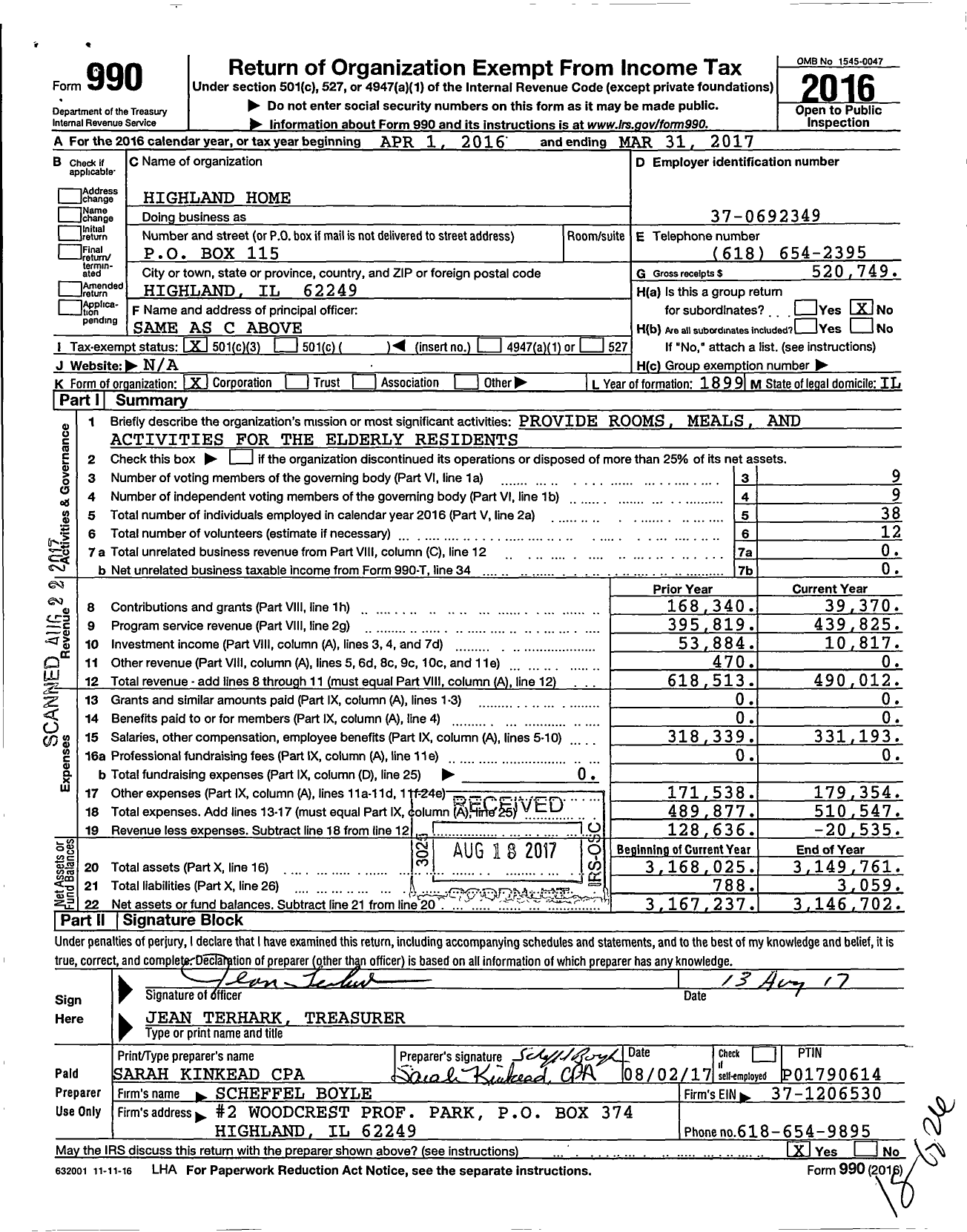 Image of first page of 2016 Form 990 for Highland Home