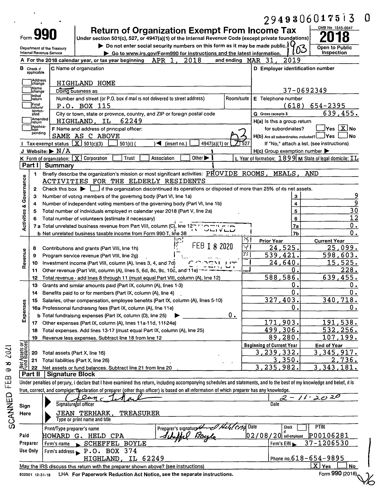 Image of first page of 2018 Form 990 for Highland Home