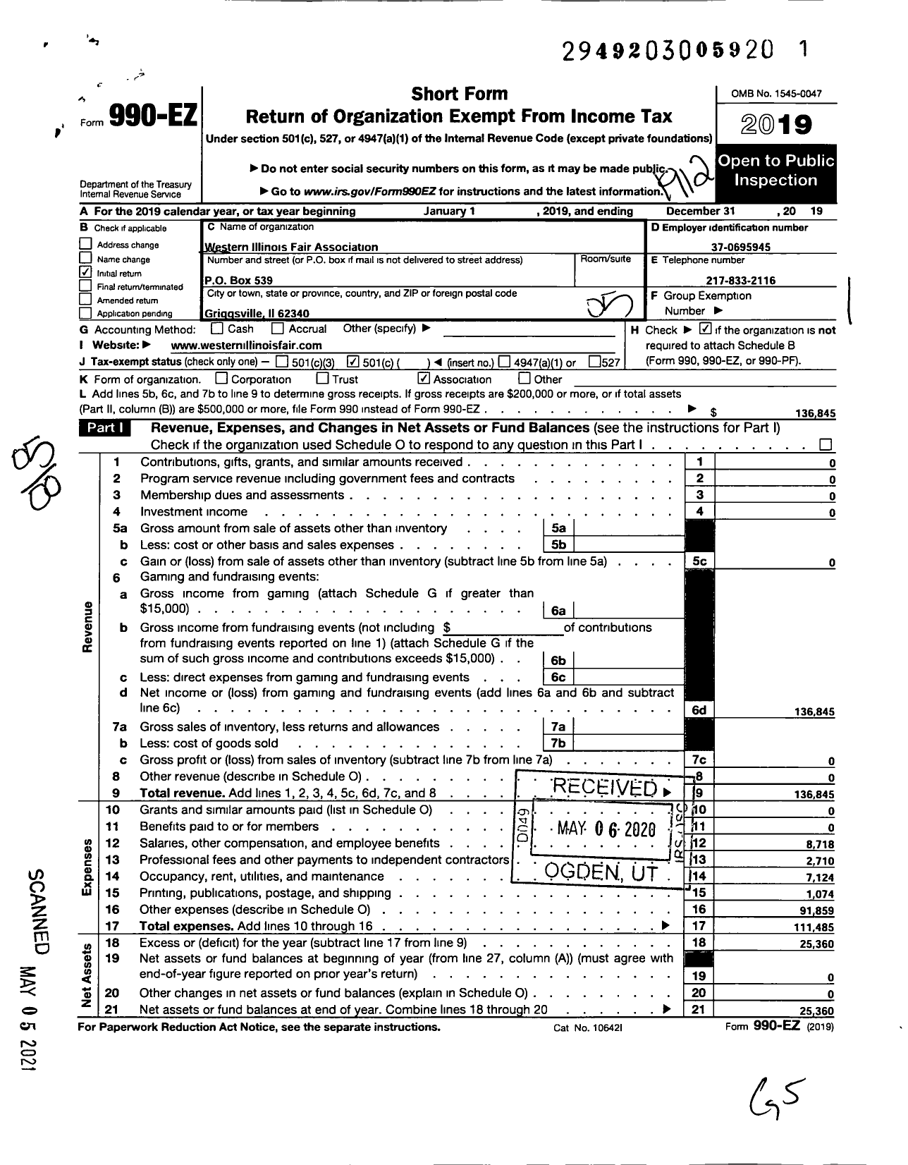 Image of first page of 2019 Form 990EO for Western Illinois Fair Association