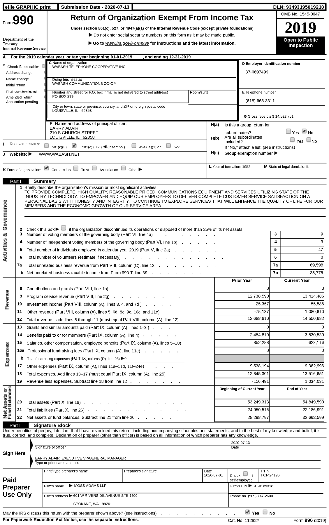 Image of first page of 2019 Form 990 for Wabash Communications Co-Op
