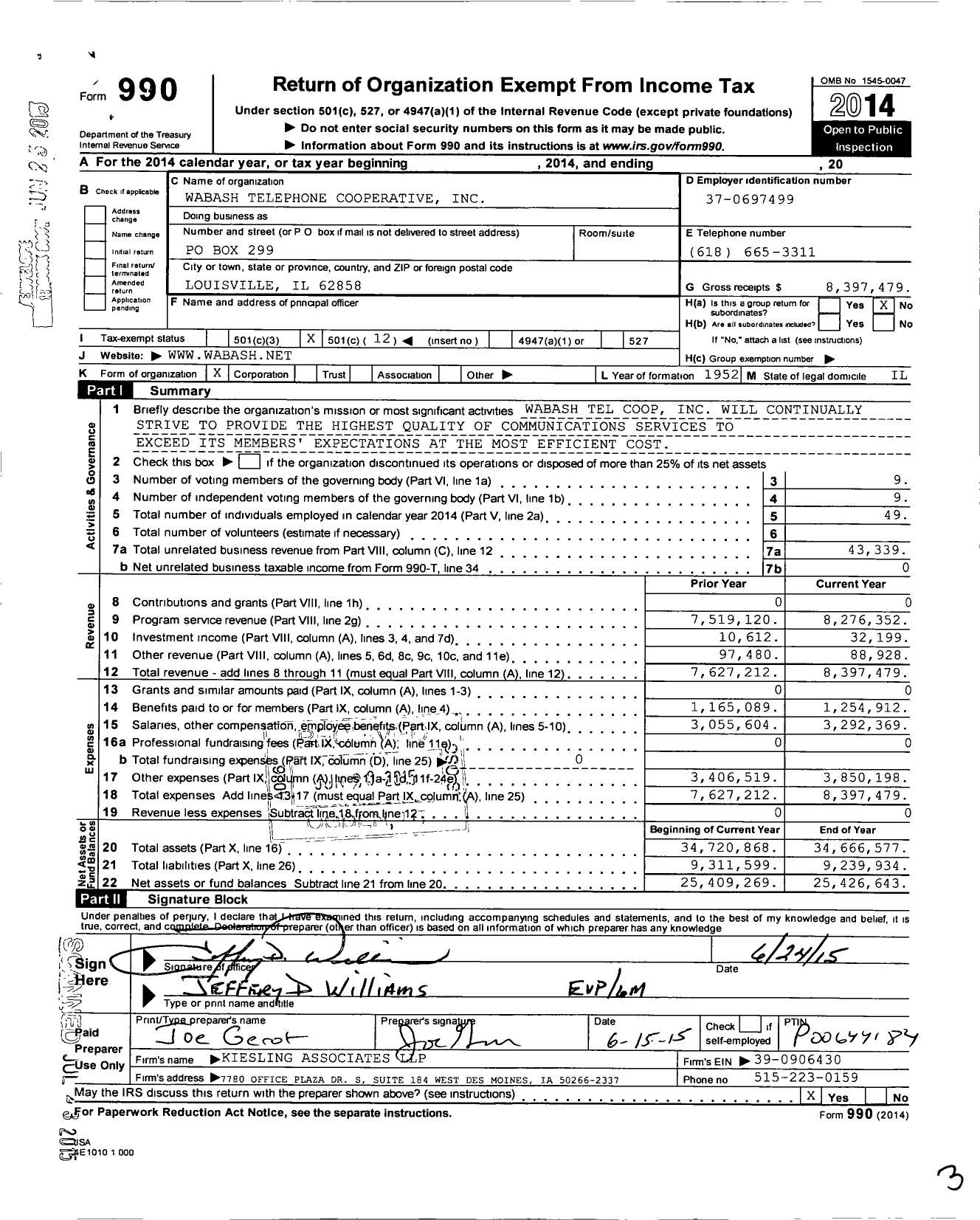 Image of first page of 2014 Form 990O for Wabash Communications Co-Op