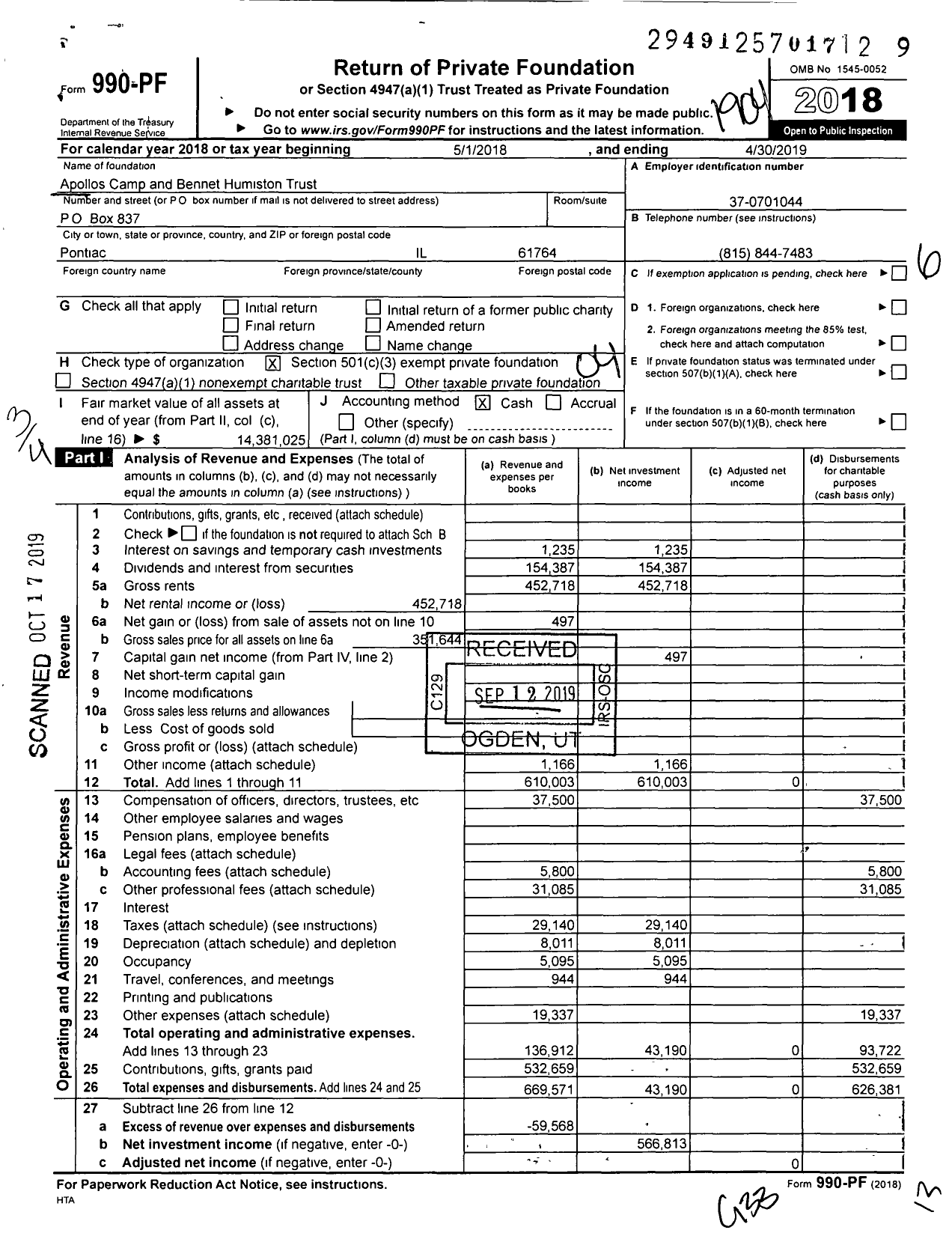 Image of first page of 2018 Form 990PF for Apollos Camp and Bennet Humiston Trust