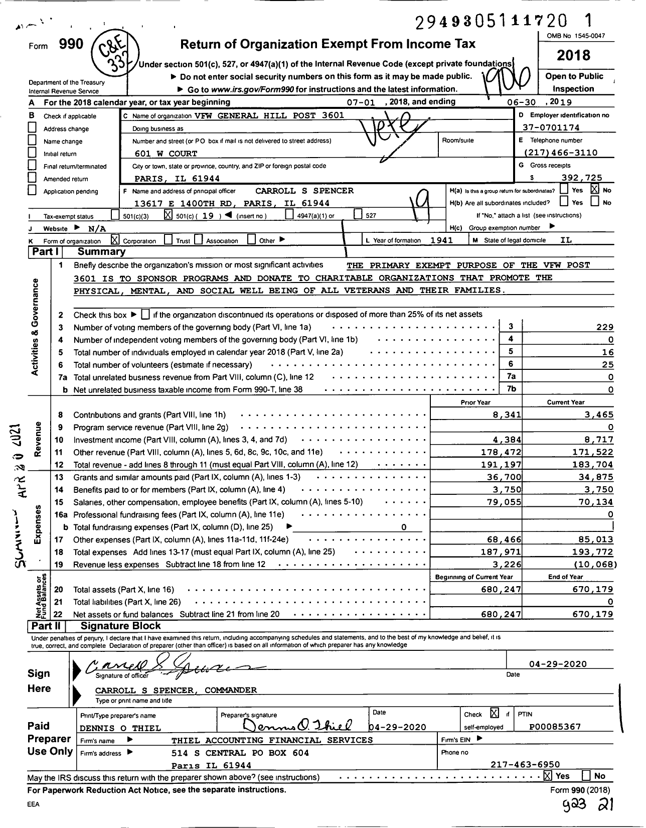 Image of first page of 2018 Form 990O for VFW Dept of Illinois - 3601 General Hill Post