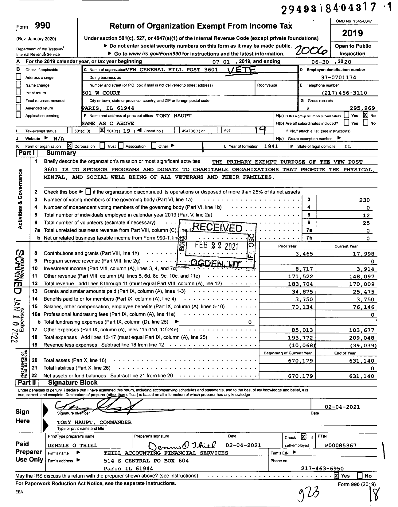 Image of first page of 2019 Form 990O for VFW Dept of Illinois - 3601 General Hill Post