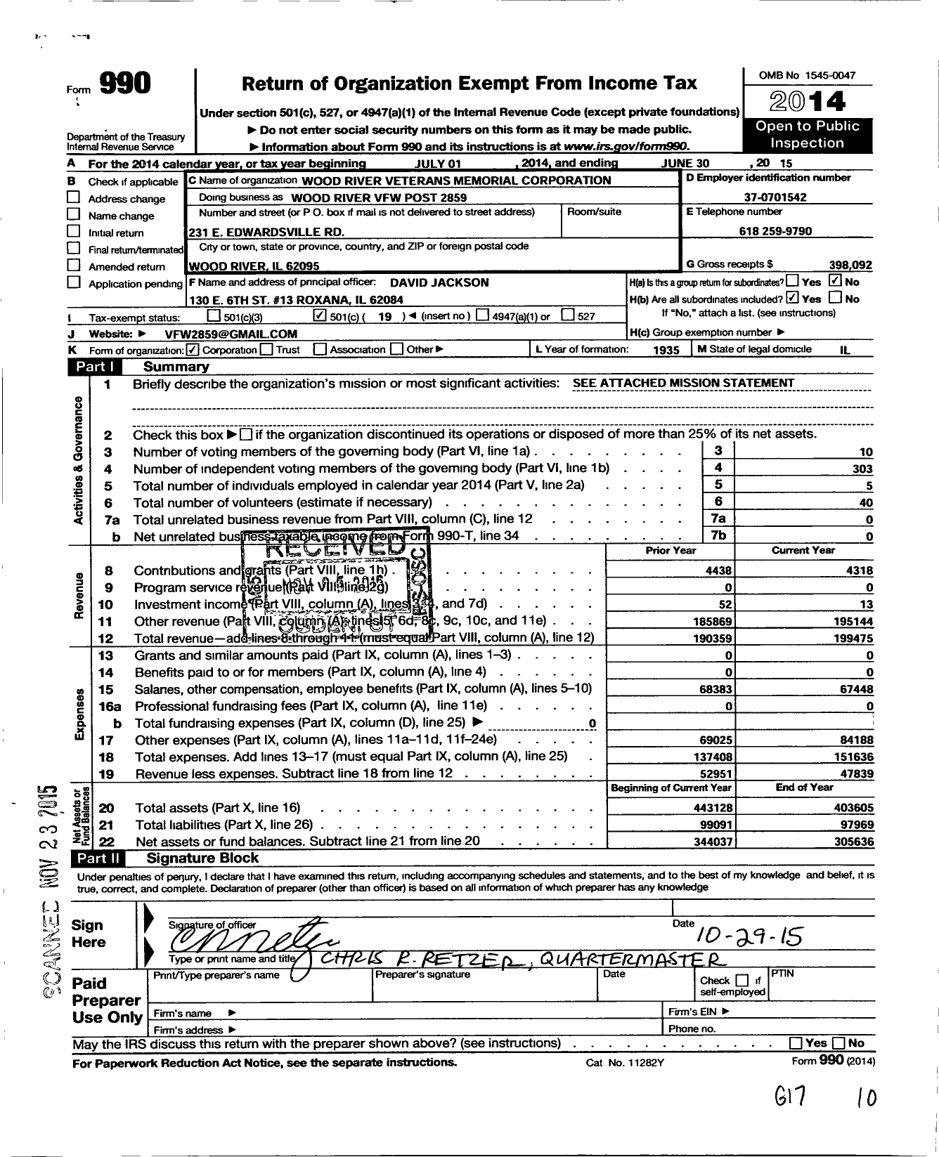 Image of first page of 2014 Form 990O for VFW Dept of Illinois - Wood River VFW Post 2859