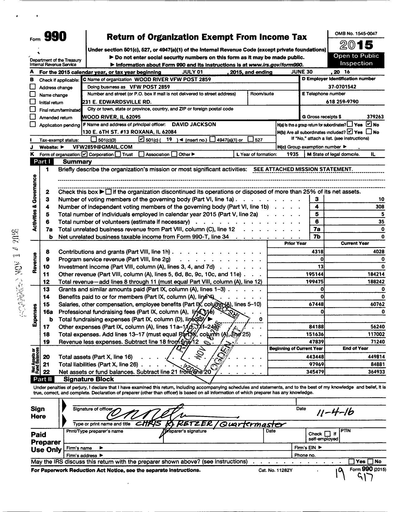 Image of first page of 2015 Form 990O for VFW Dept of Illinois - Wood River VFW Post 2859