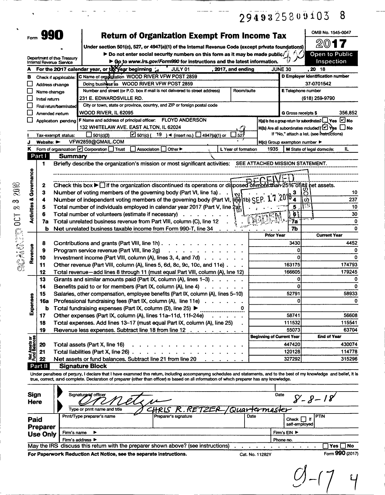 Image of first page of 2017 Form 990O for VFW Dept of Illinois - Wood River VFW Post 2859