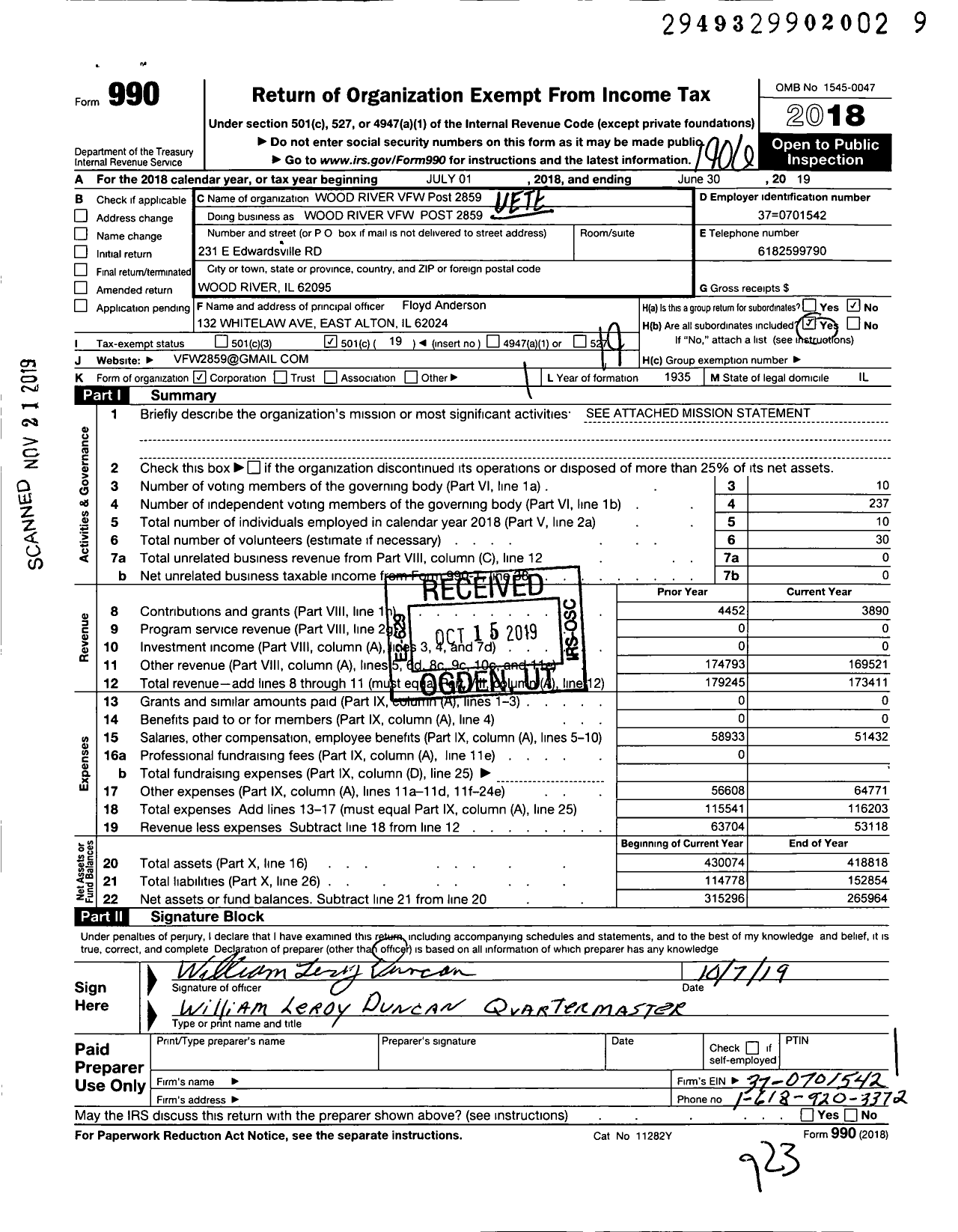 Image of first page of 2018 Form 990O for VFW Dept of Illinois - Wood River VFW Post 2859