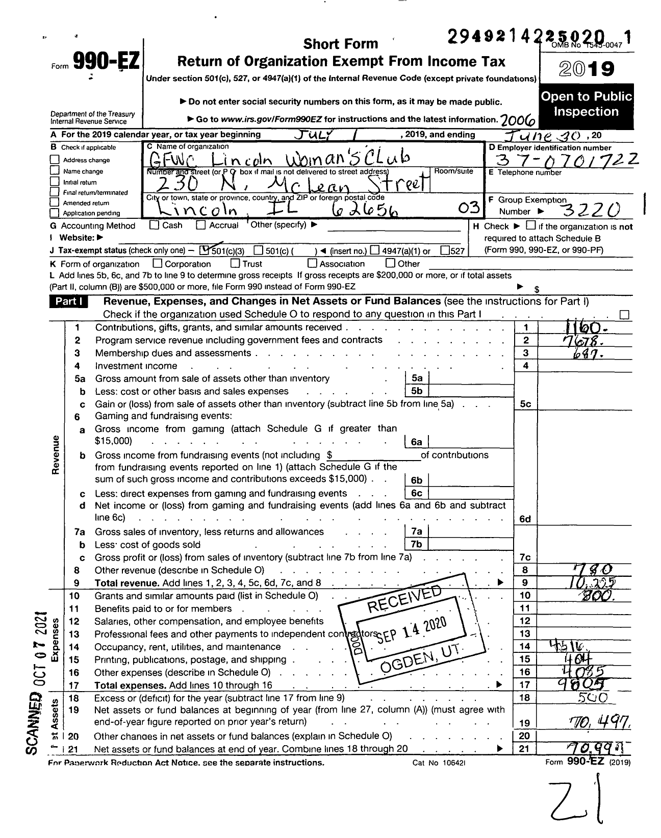 Image of first page of 2019 Form 990EZ for GFWC Lincoln Womans Club