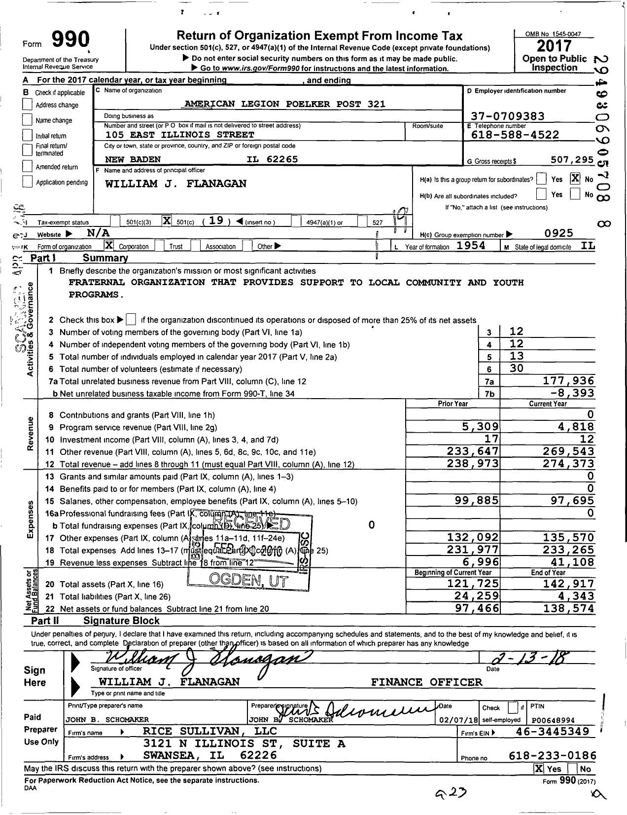Image of first page of 2017 Form 990O for American Legion Poelker Post 321