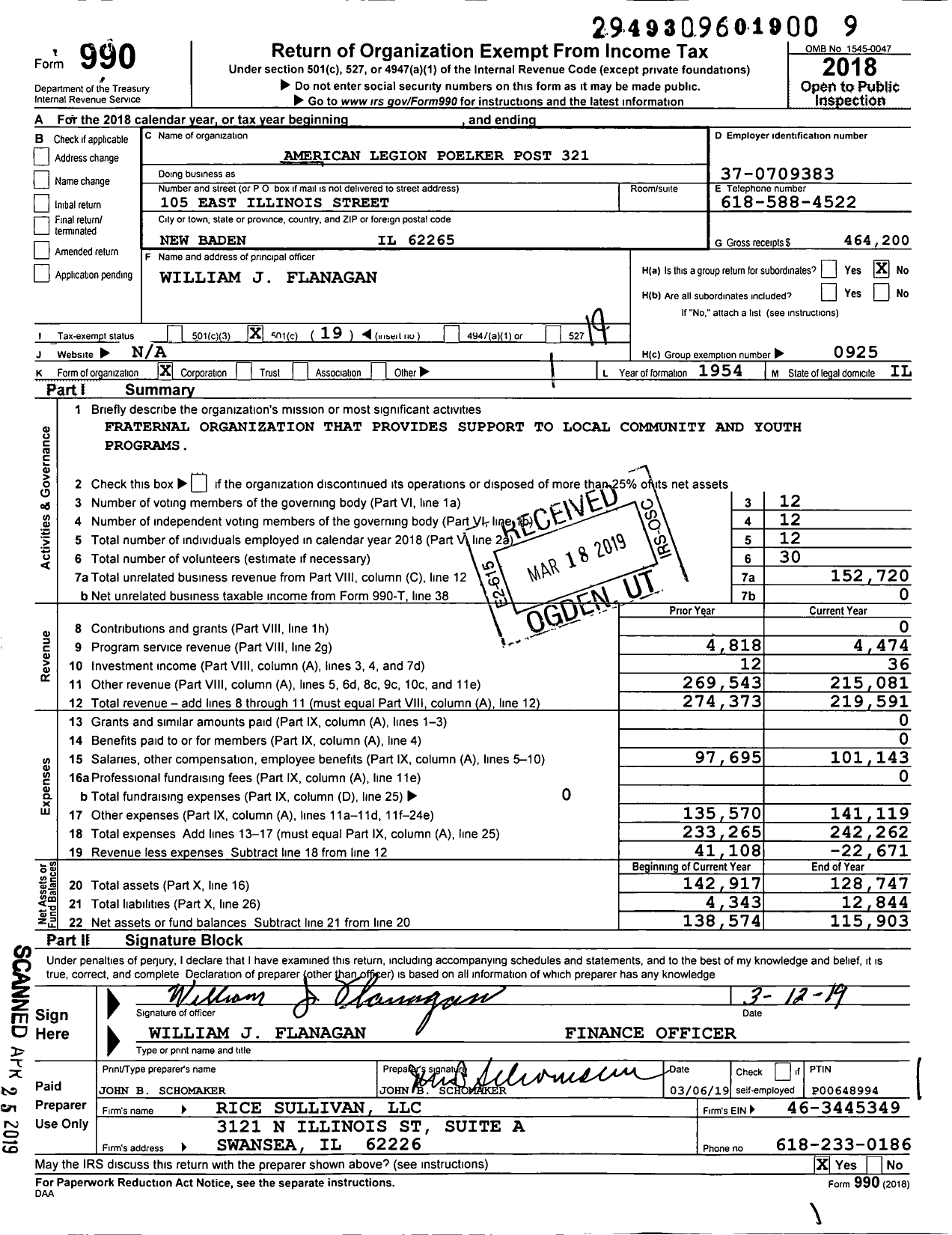 Image of first page of 2018 Form 990O for American Legion Poelker Post 321