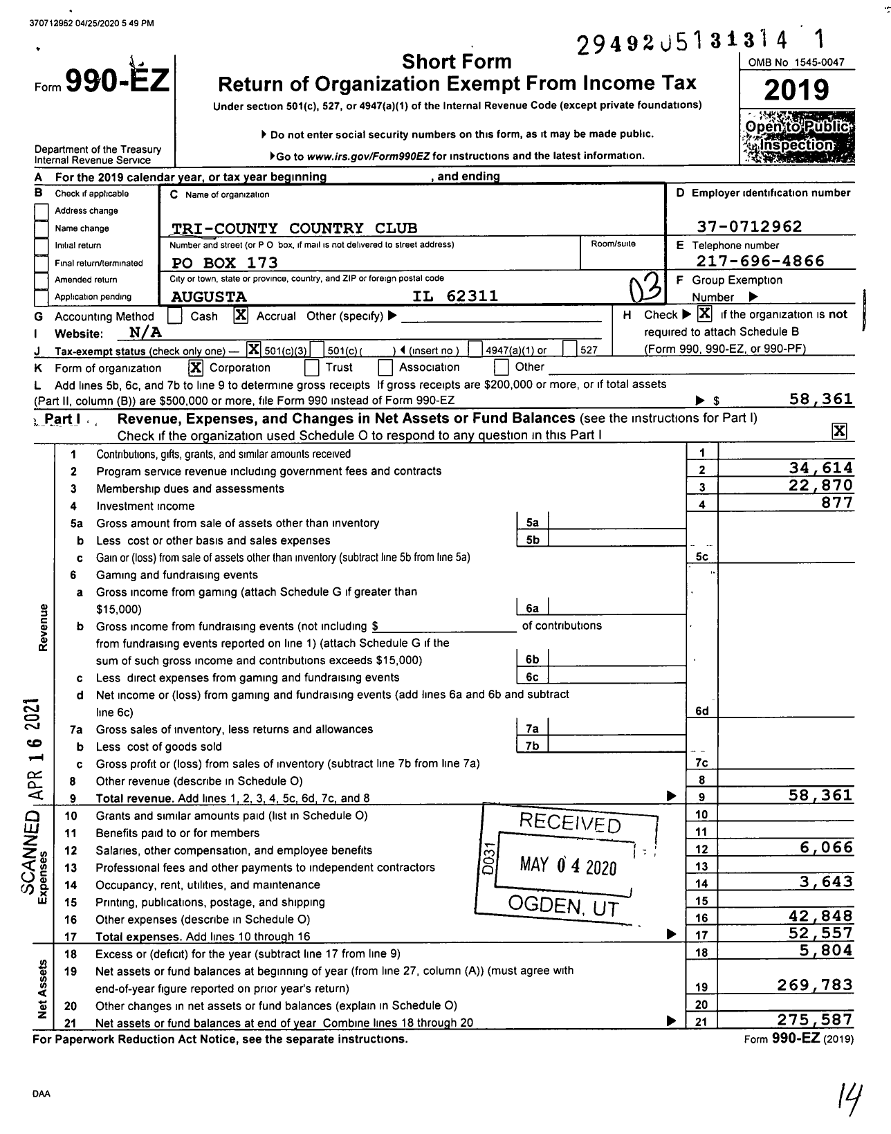 Image of first page of 2019 Form 990EZ for Tri-County Country Club