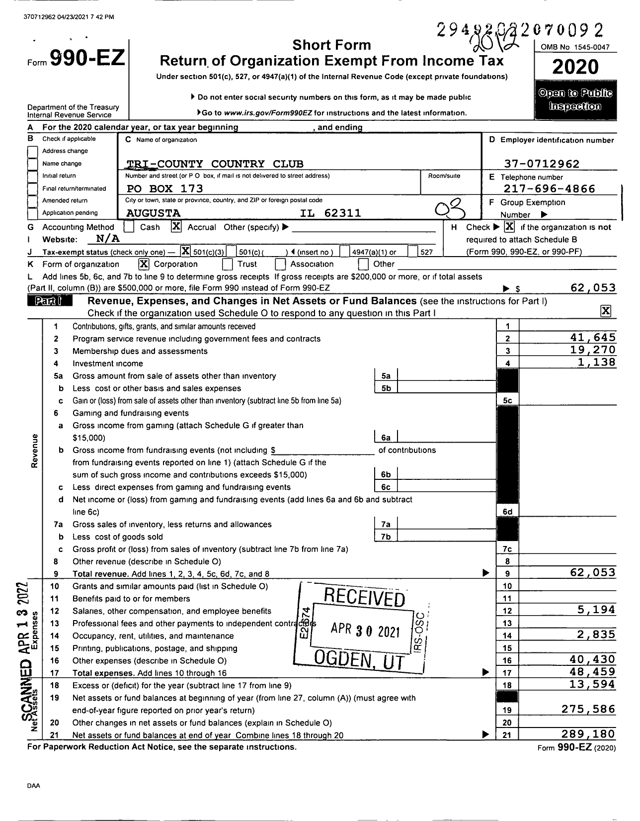 Image of first page of 2020 Form 990EZ for Tri-County Country Club