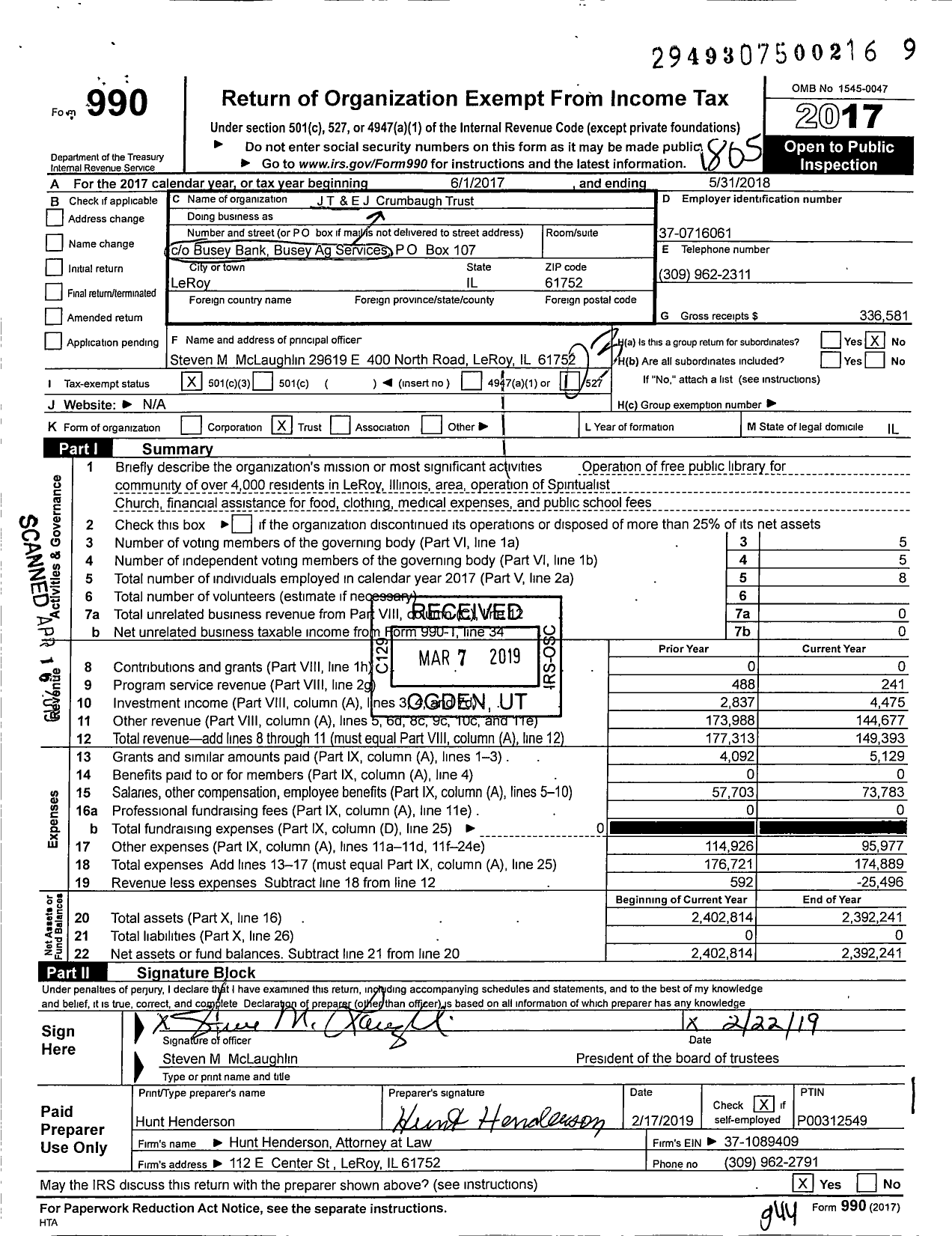 Image of first page of 2017 Form 990 for JT & EJ Crumbaugh Trust