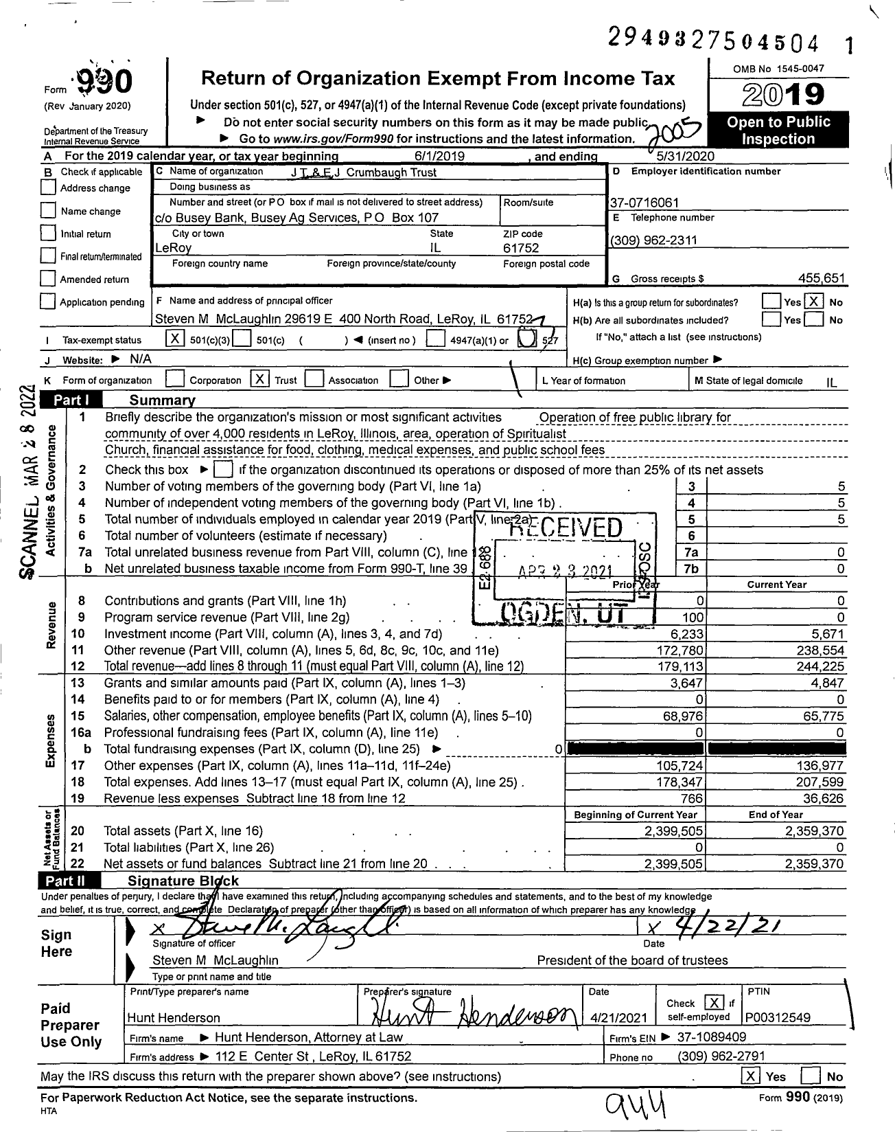 Image of first page of 2019 Form 990 for JT & EJ Crumbaugh Trust