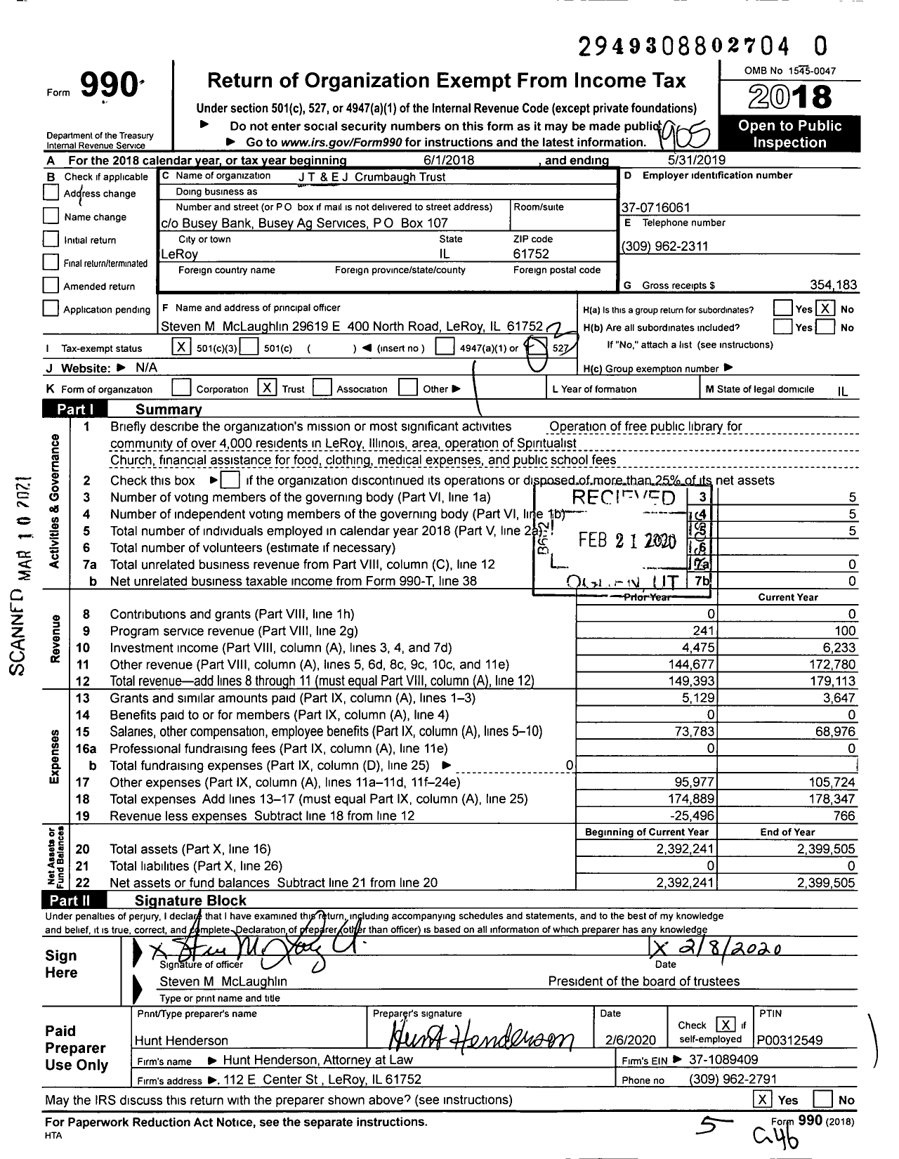 Image of first page of 2018 Form 990 for JT & EJ Crumbaugh Trust