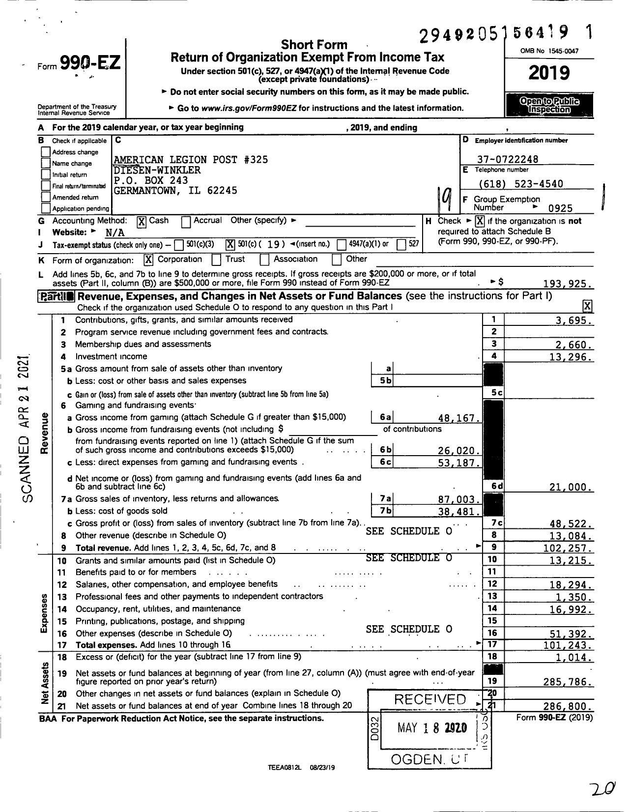 Image of first page of 2019 Form 990EO for American Legion Post 325 Diesen-Winkler