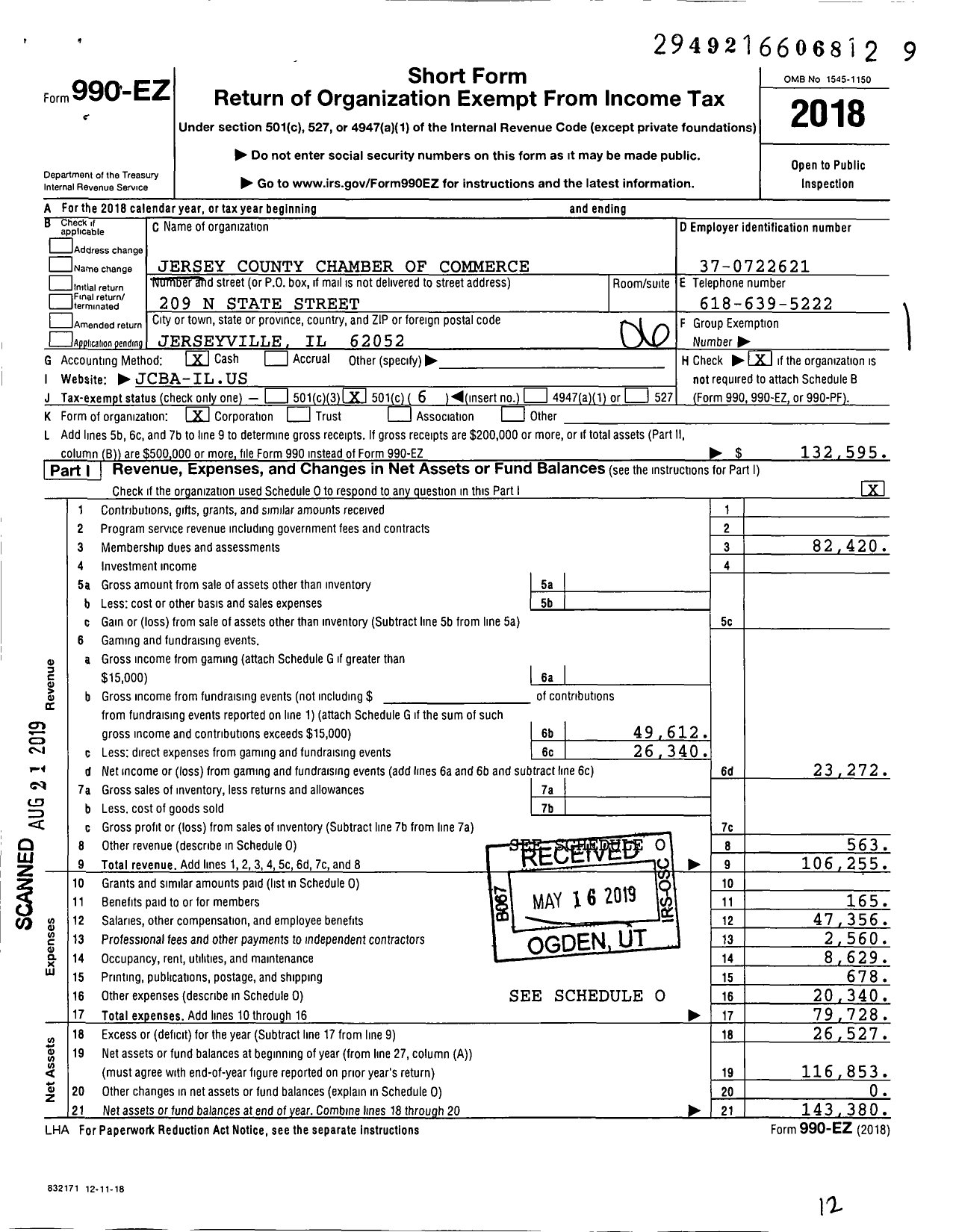 Image of first page of 2018 Form 990EO for Jersey County Chamber of Commerce