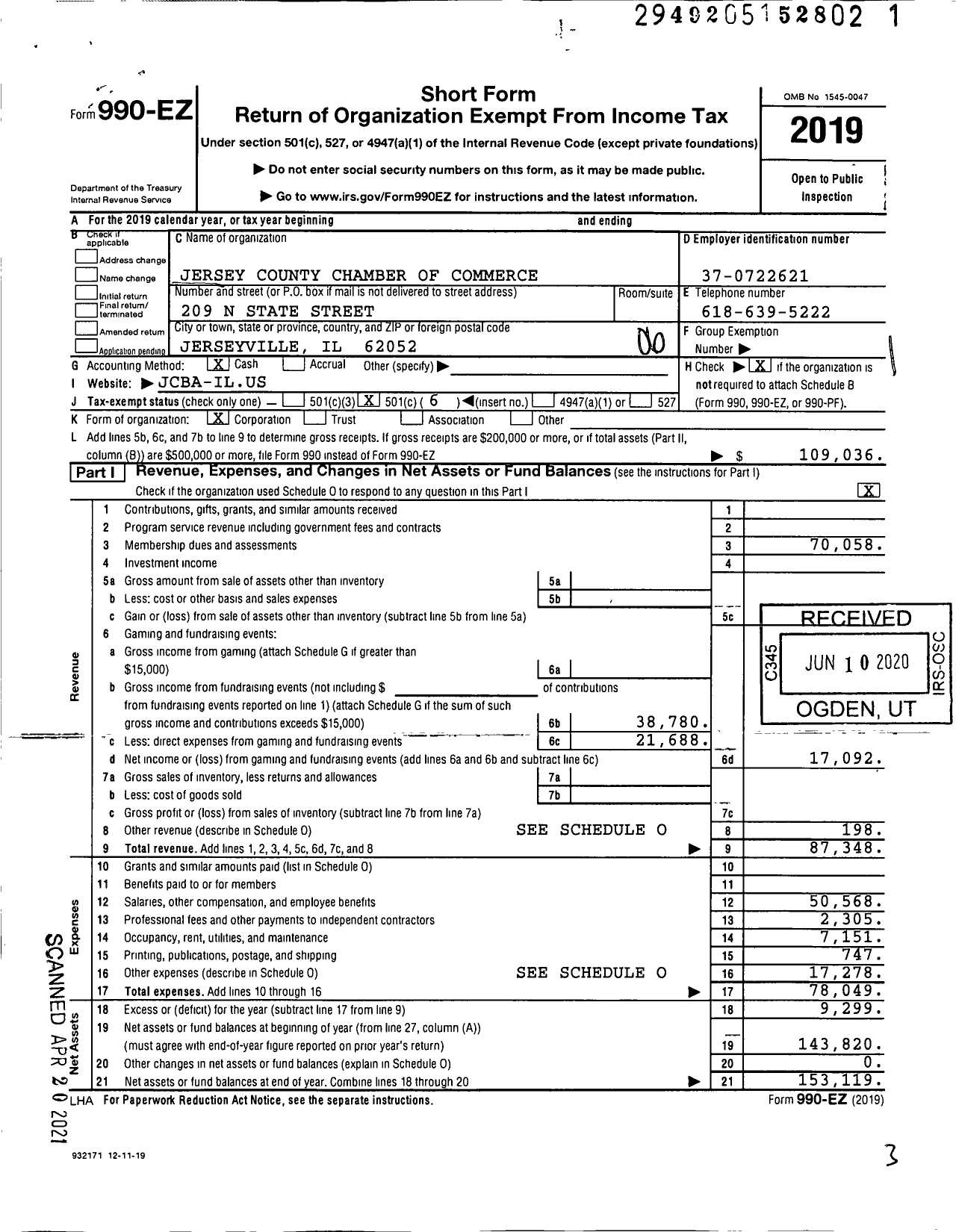 Image of first page of 2019 Form 990EO for Jersey County Chamber of Commerce