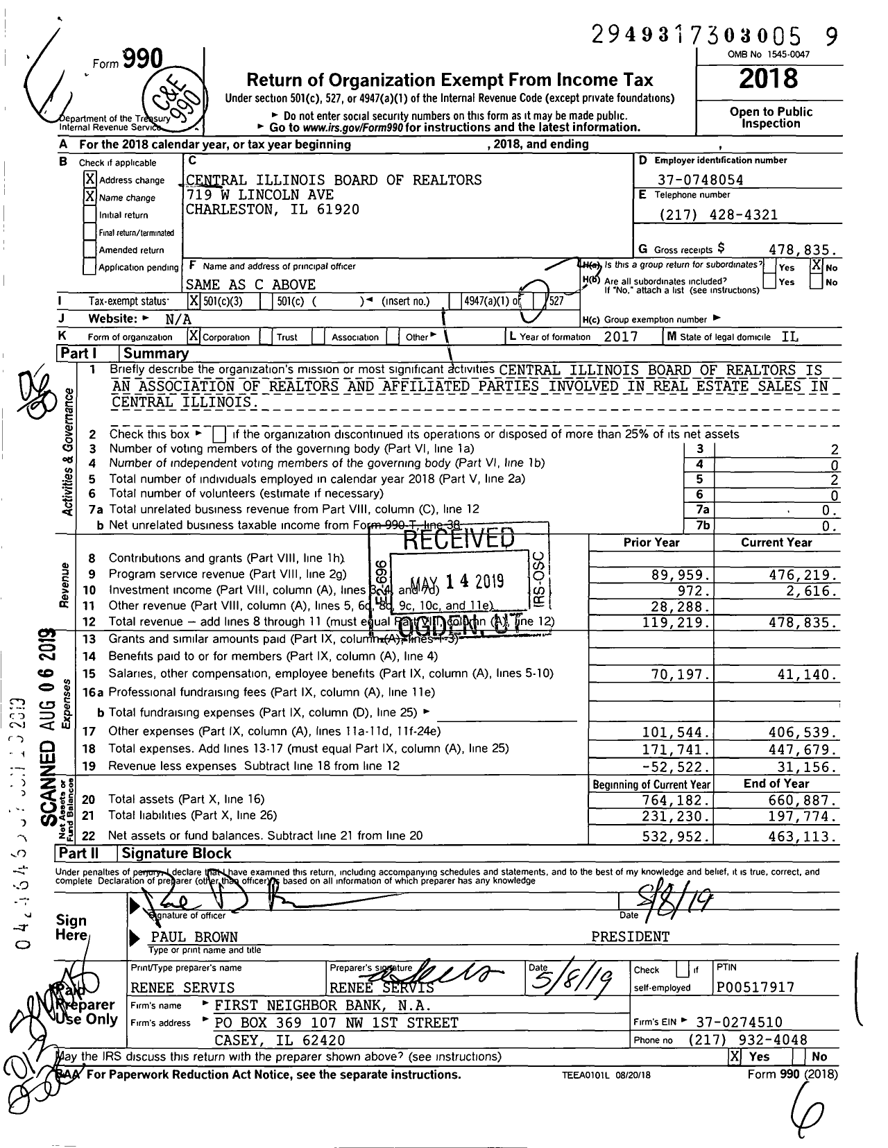 Image of first page of 2018 Form 990O for Central Illinois Board of Realtors