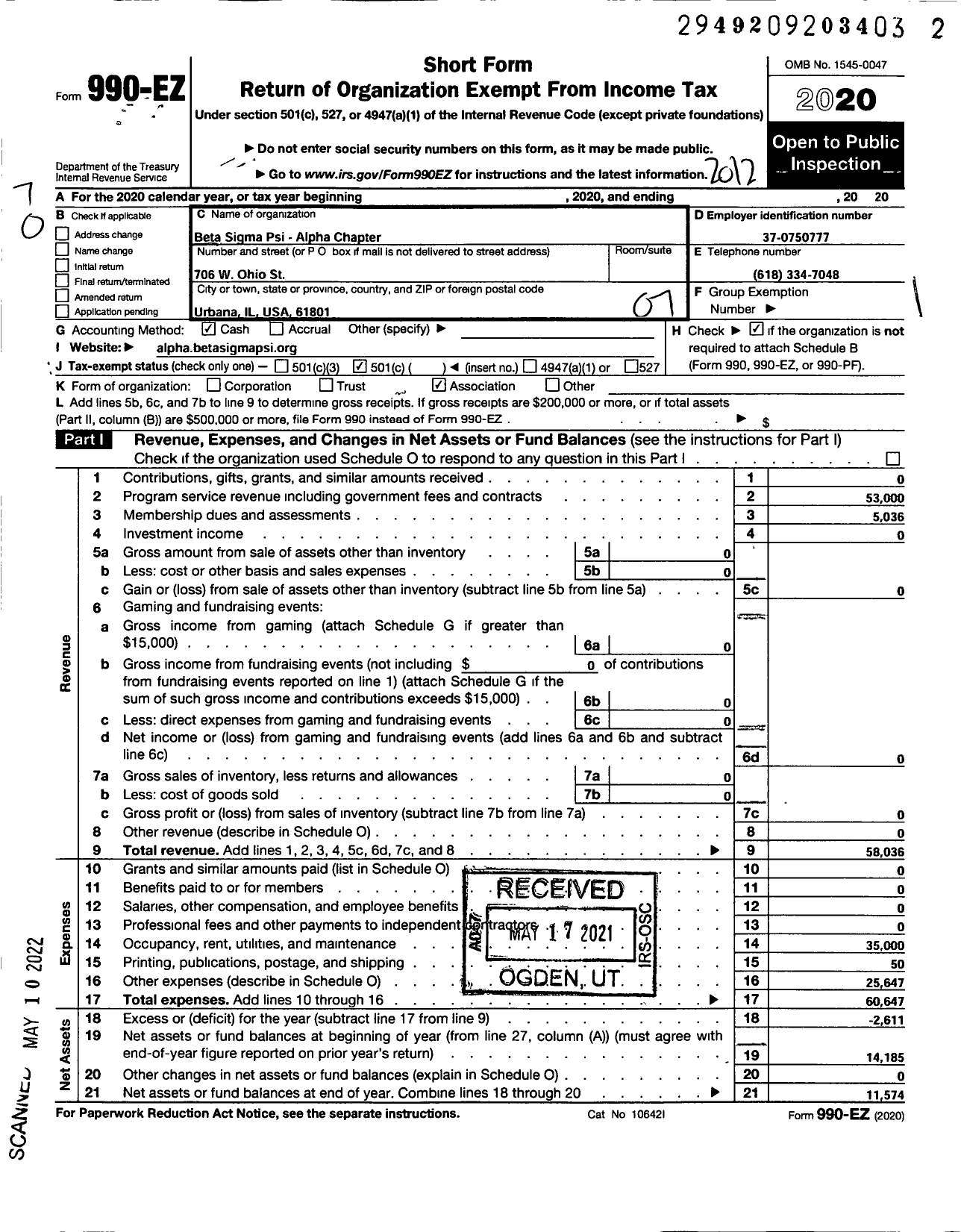 Image of first page of 2020 Form 990EO for Society of Beta Sigma Psi / Alpha Chapter