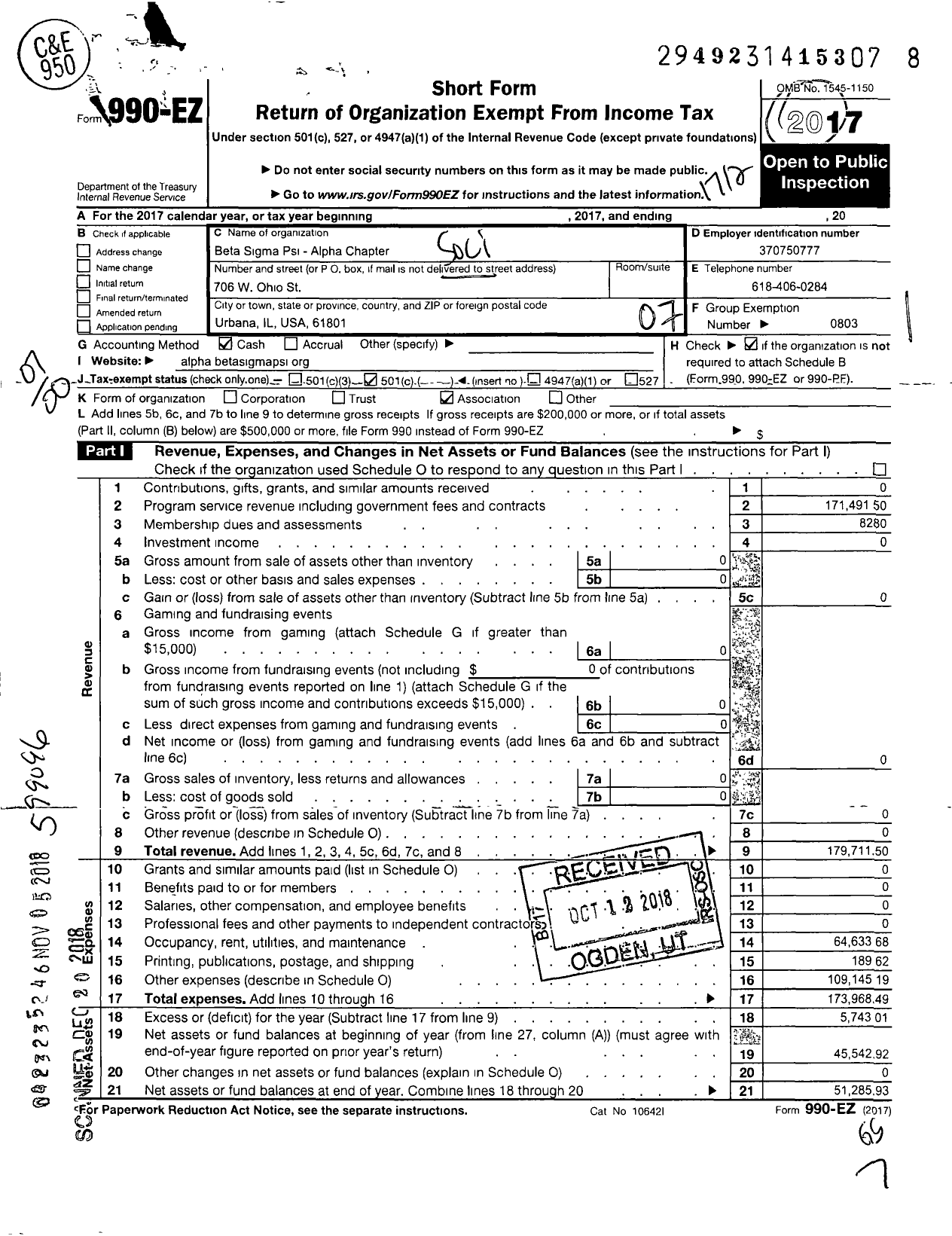 Image of first page of 2017 Form 990EO for Society of Beta Sigma Psi / Alpha Chapter