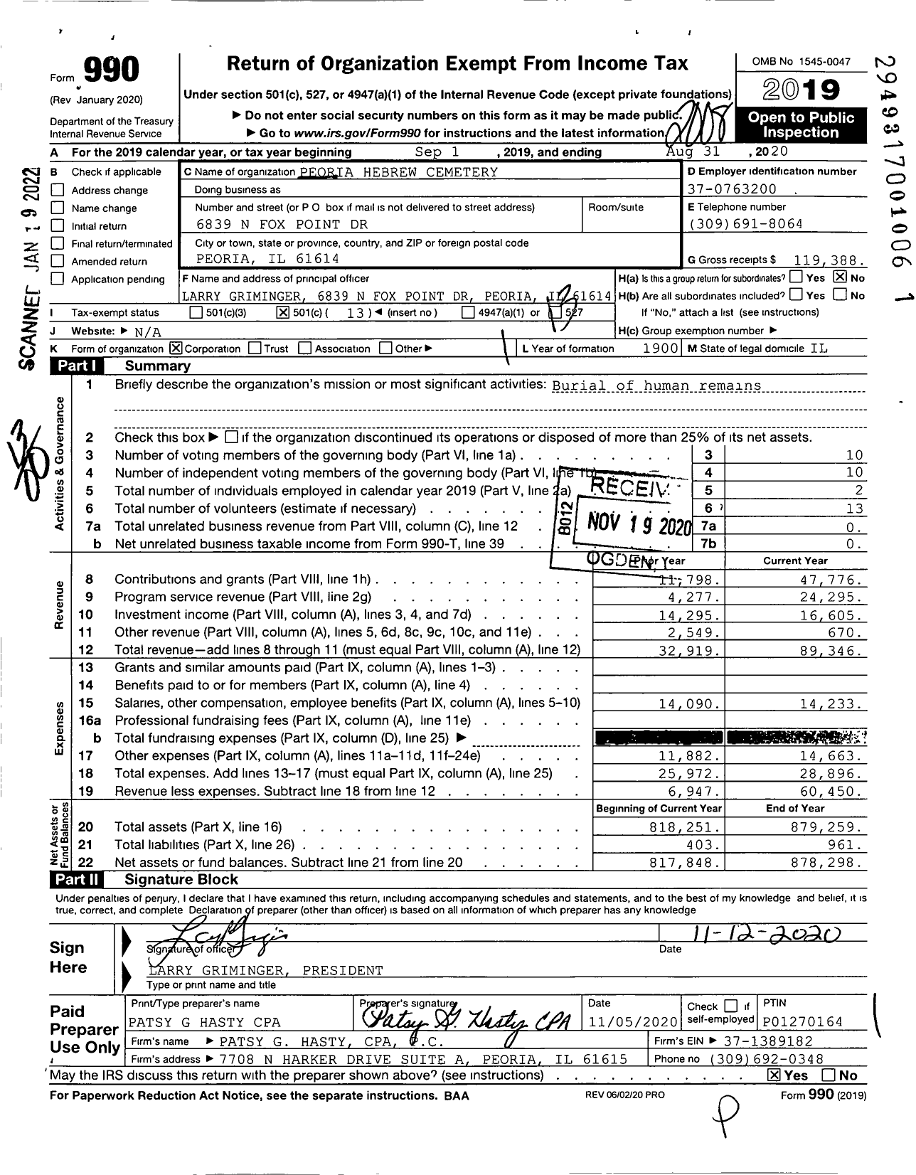 Image of first page of 2019 Form 990O for Peoria Hebrew Cemetery