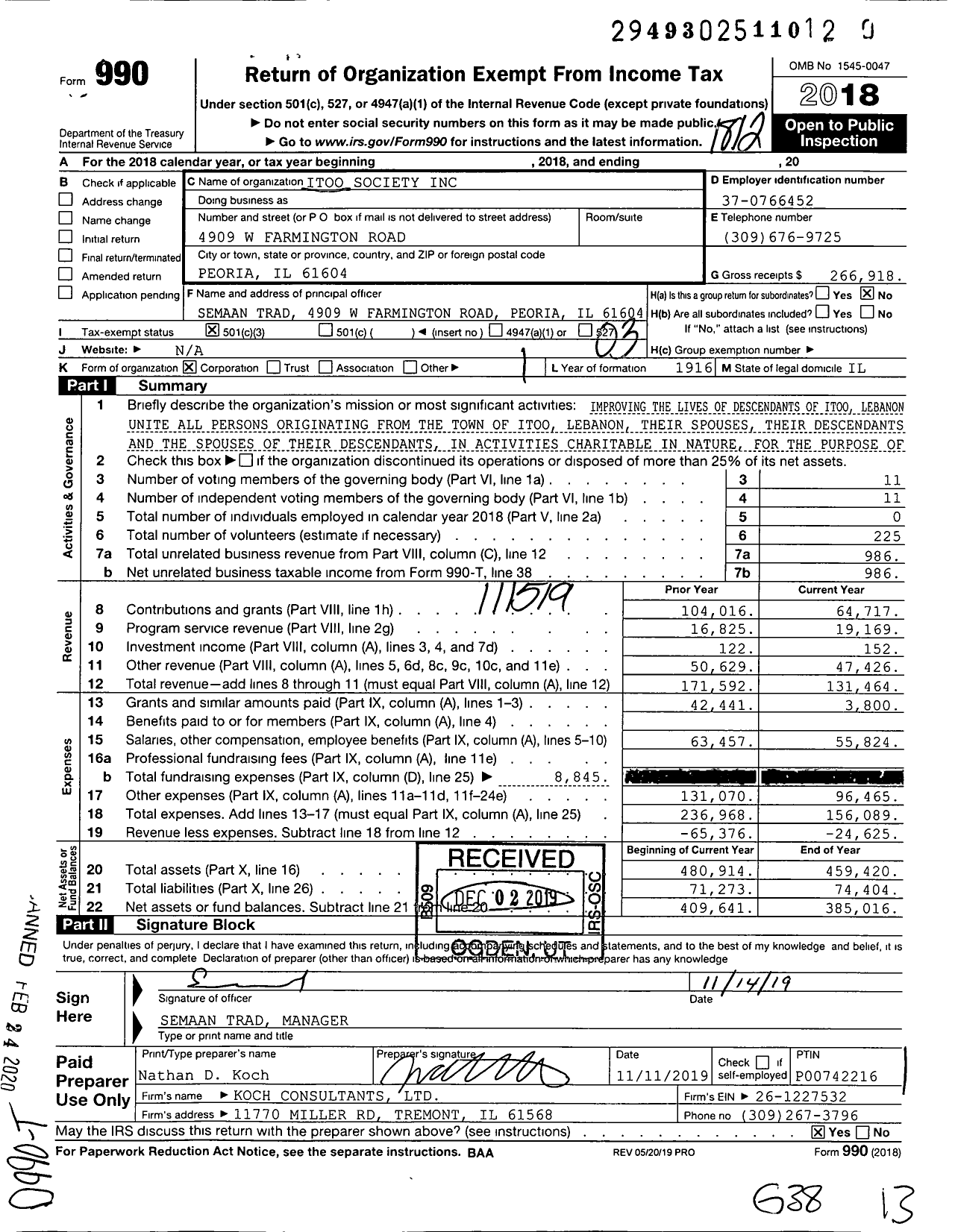 Image of first page of 2018 Form 990 for Itoo Society