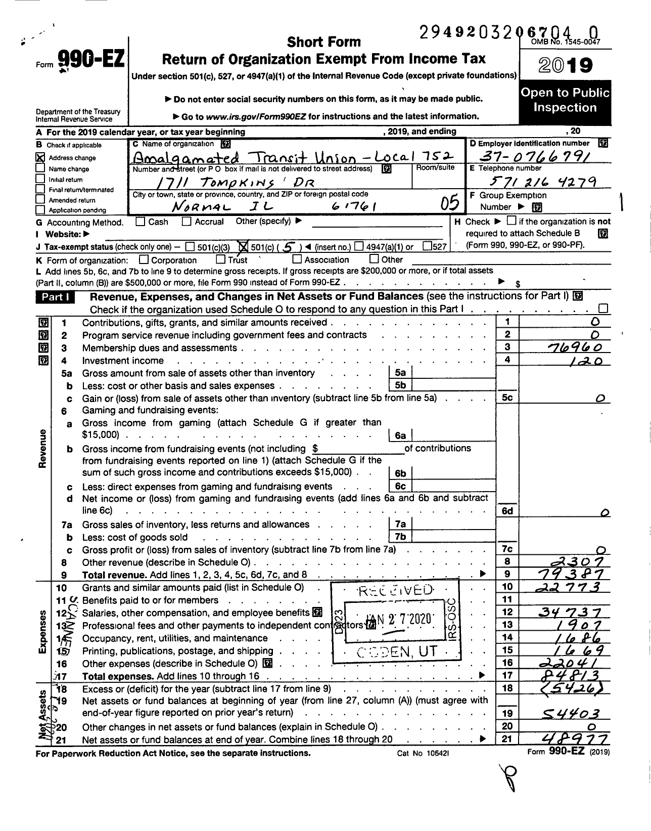 Image of first page of 2019 Form 990EO for Amalgamated Transit Union - 752 Local