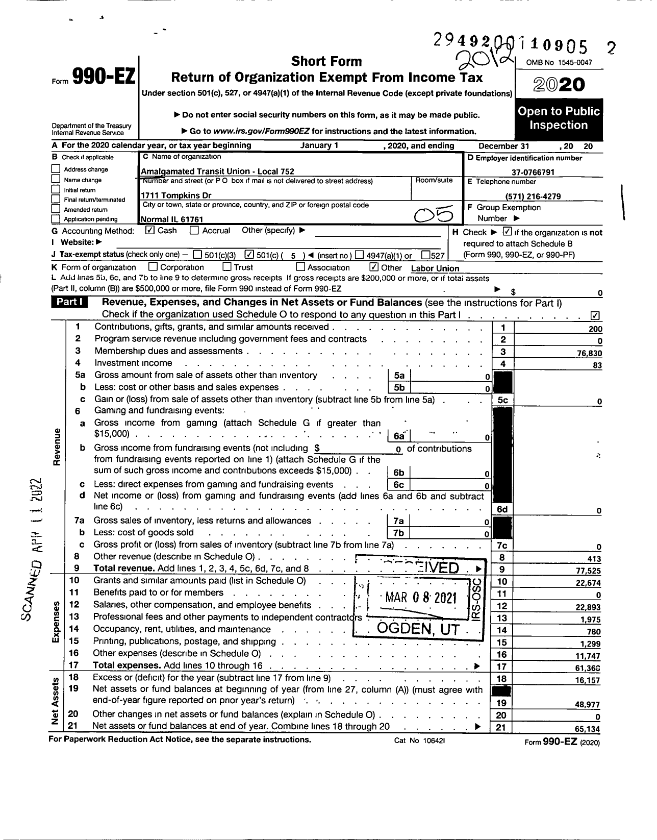 Image of first page of 2020 Form 990EO for Amalgamated Transit Union - 752 Local