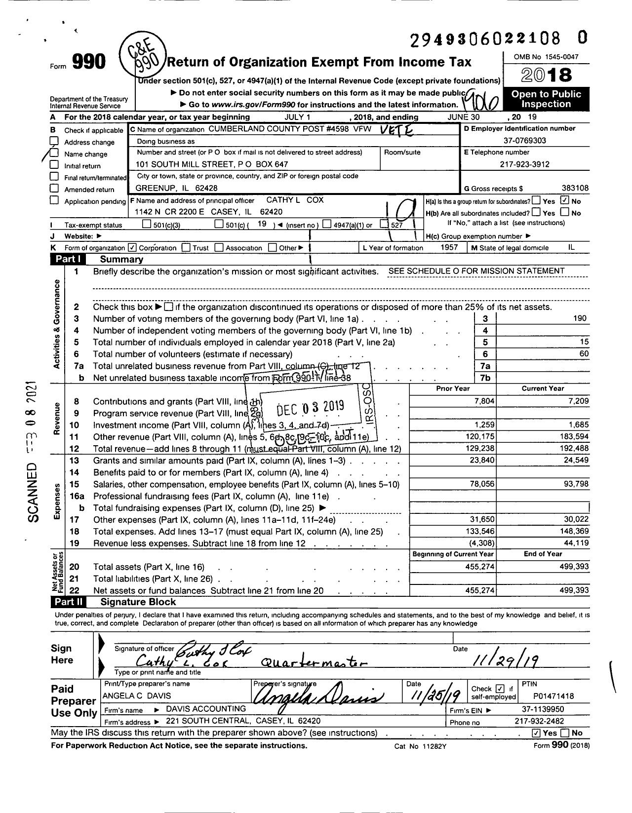 Image of first page of 2018 Form 990O for VFW Dept of Illinois - 4598 Cumberland County Post