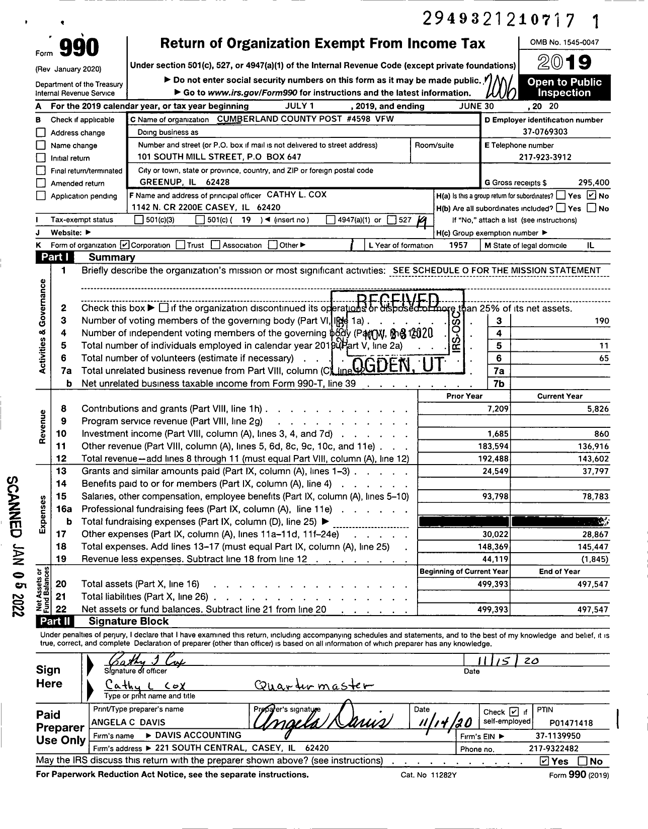 Image of first page of 2019 Form 990O for VFW Dept of Illinois - 4598 Cumberland County Post