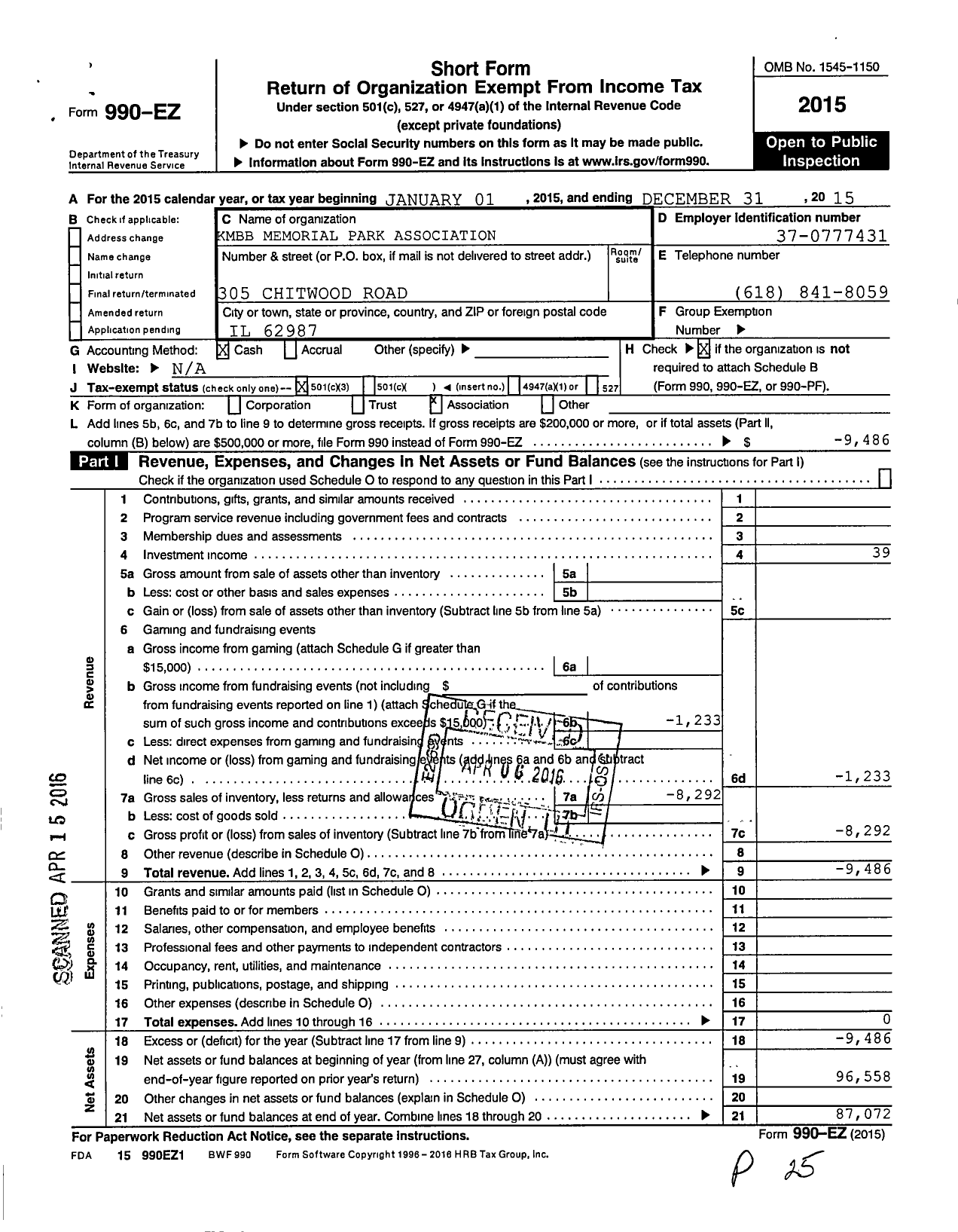 Image of first page of 2015 Form 990EZ for KMBB Memorial B B Memorial Park Association