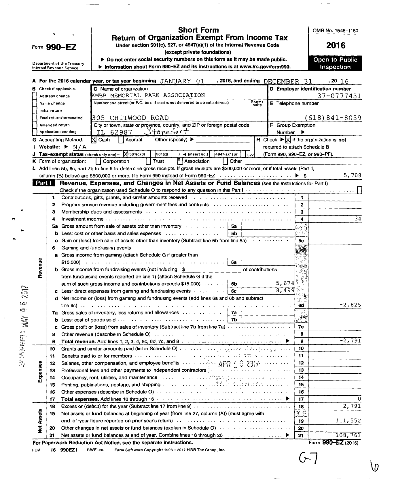 Image of first page of 2016 Form 990EZ for KMBB Memorial B B Memorial Park Association