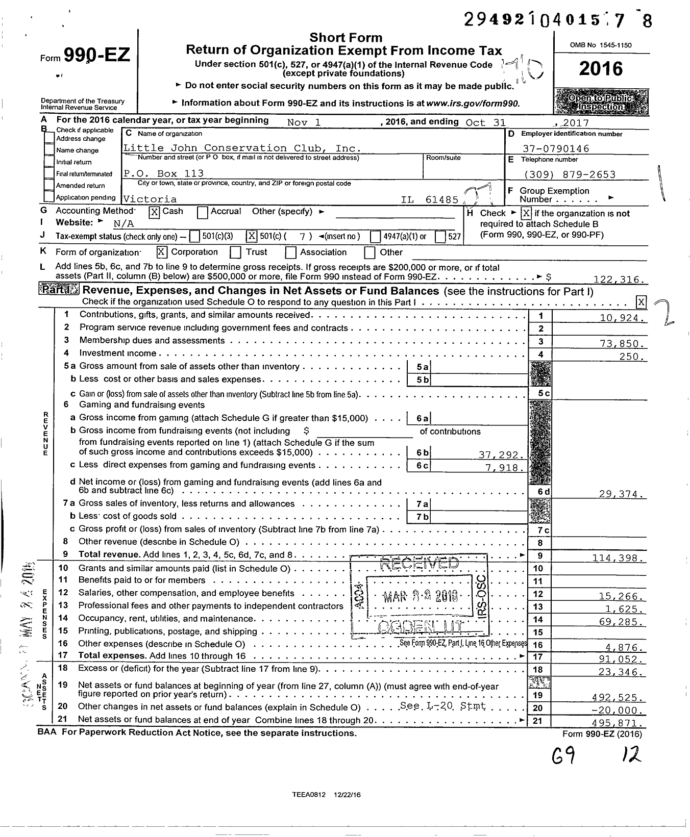 Image of first page of 2016 Form 990EO for Little John Conservation Club