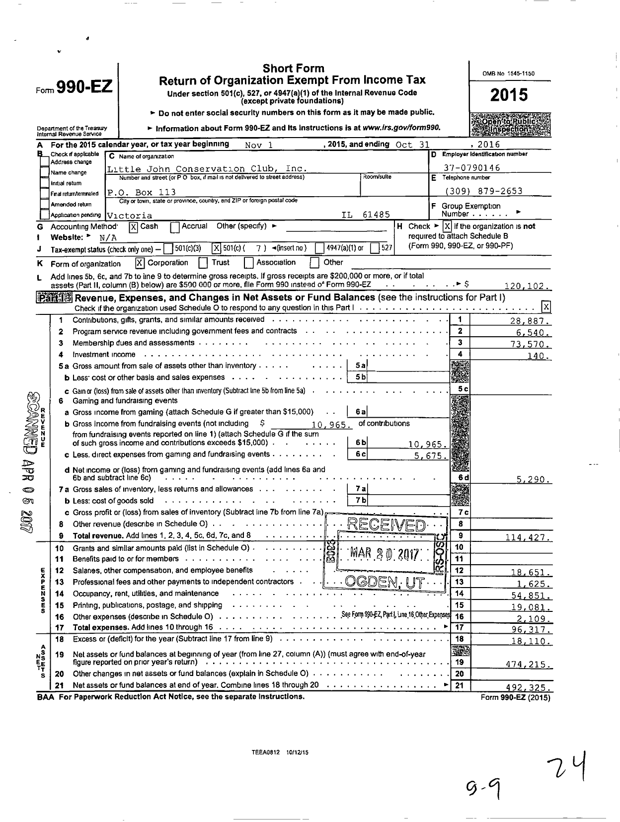 Image of first page of 2015 Form 990EO for Little John Conservation Club