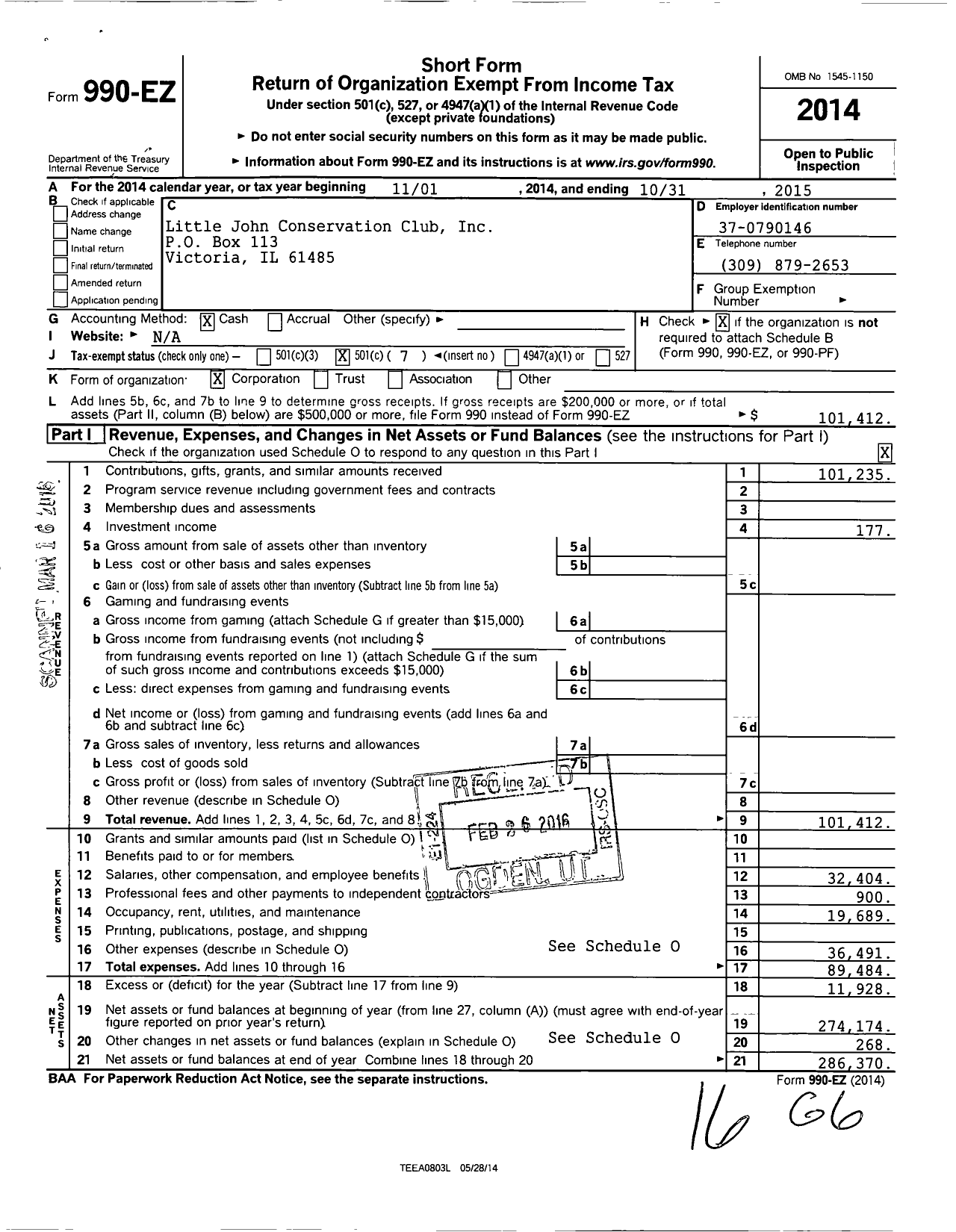 Image of first page of 2014 Form 990EO for Little John Conservation Club