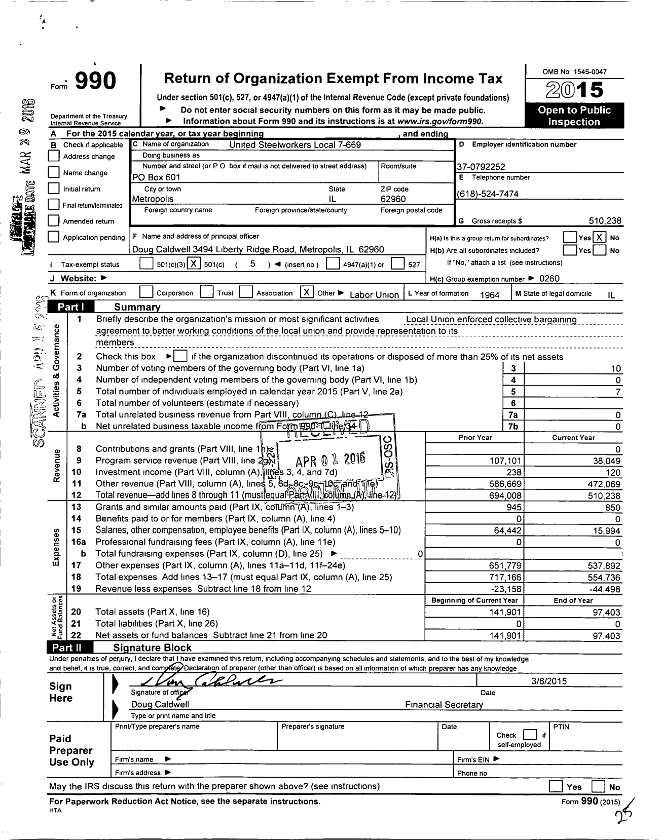 Image of first page of 2015 Form 990O for United Steelworkers - United Steelworkers