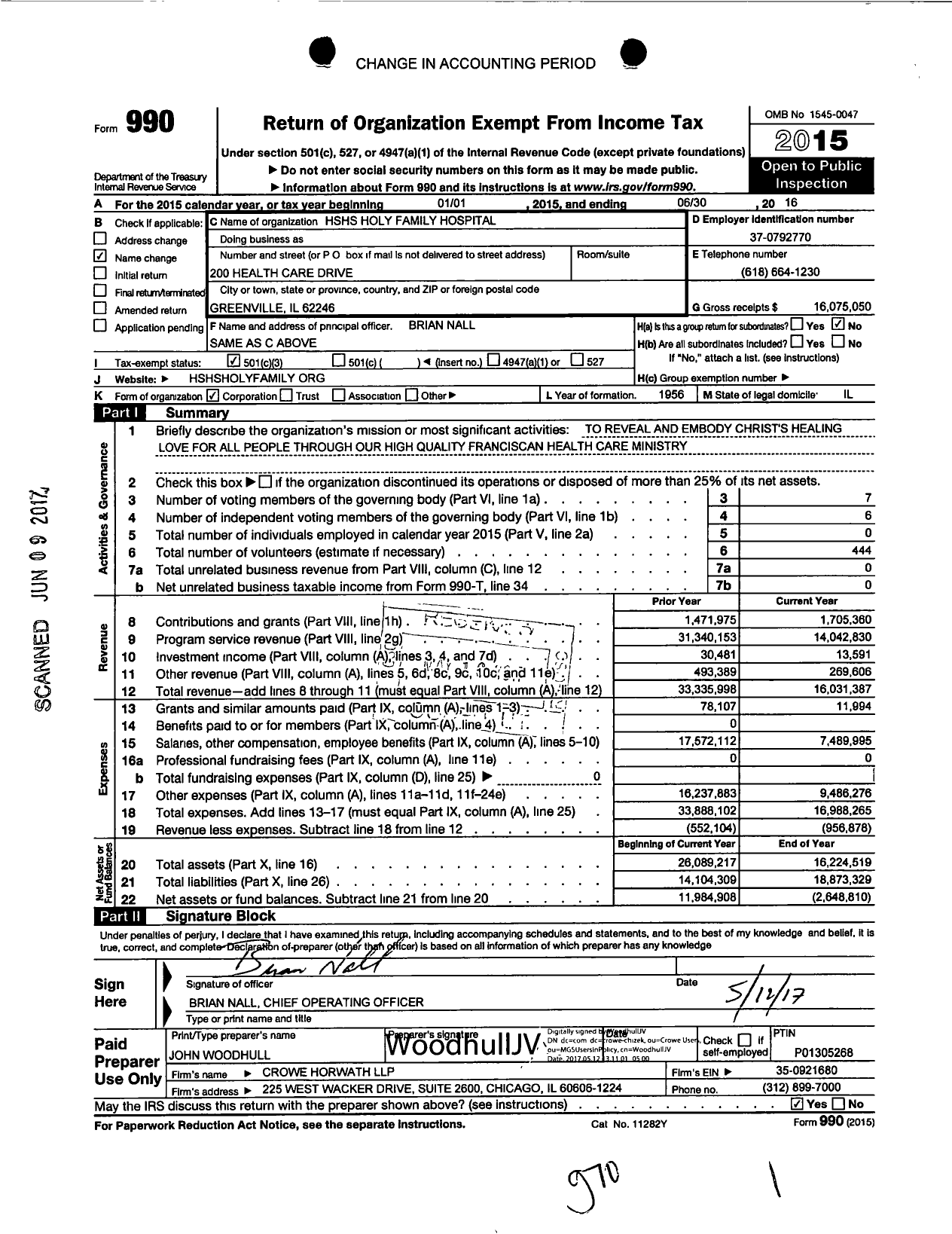Image of first page of 2015 Form 990 for HSHS Holy Family Hospital