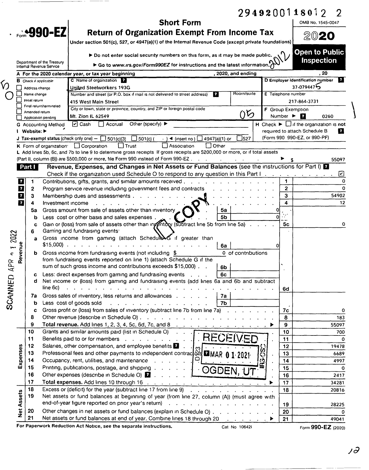 Image of first page of 2020 Form 990EO for United Steelworkers - 00193 Local