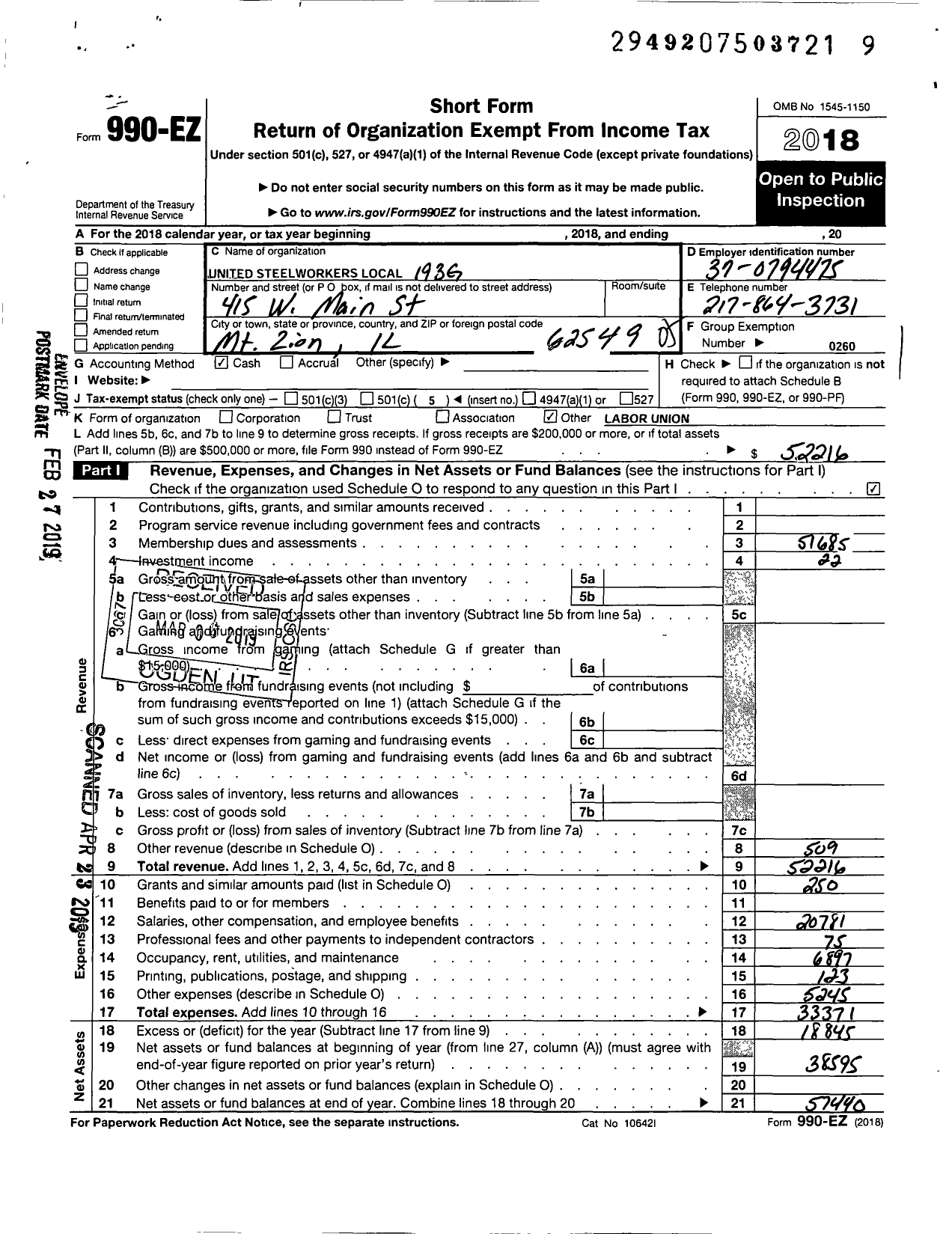 Image of first page of 2018 Form 990EO for United Steelworkers - 00193 Local