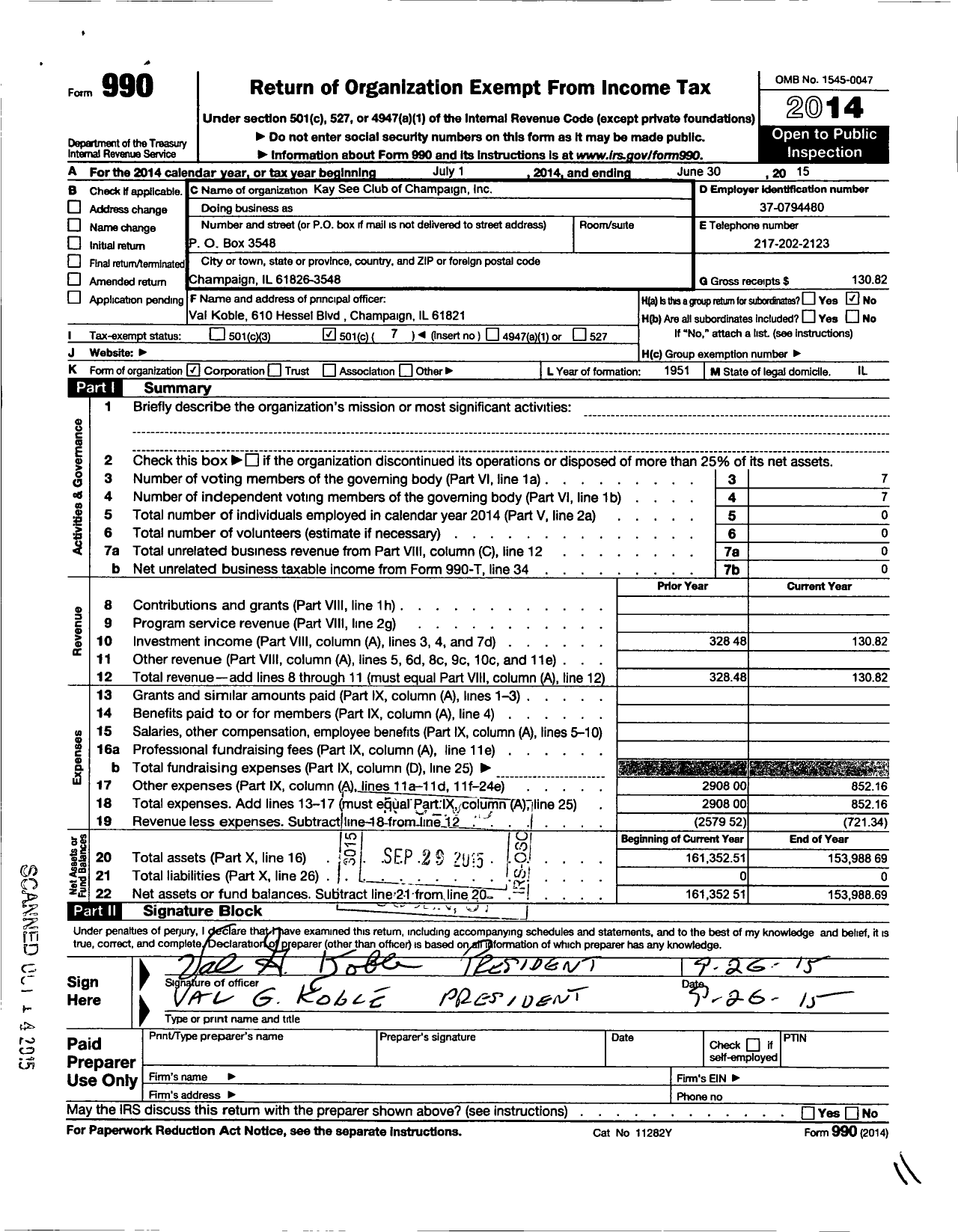 Image of first page of 2014 Form 990O for Kay See Club of Champaign Ill