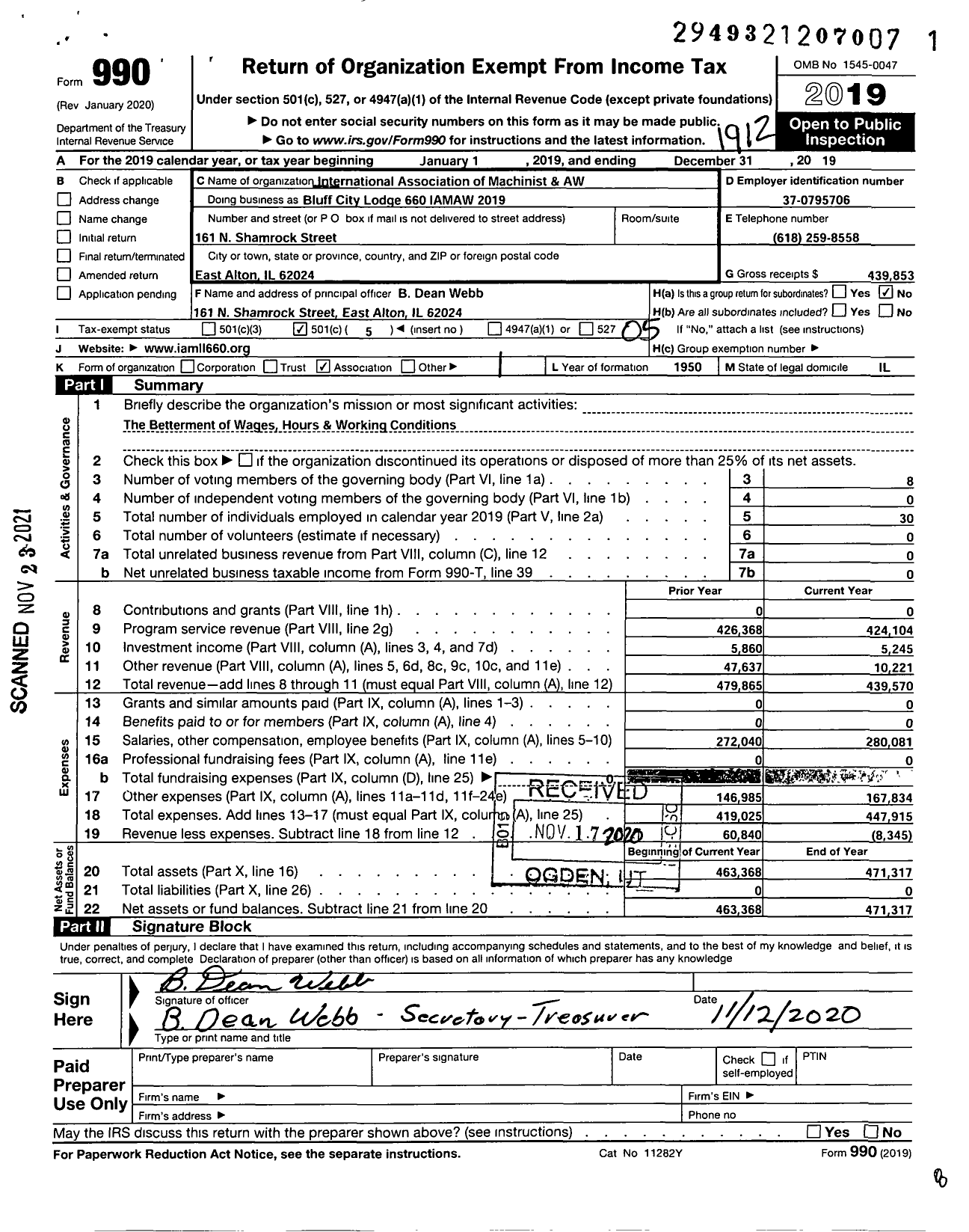 Image of first page of 2019 Form 990O for International Association of Machinists and Aerospace Workers - Bluff City Lodge 660 IAMAW