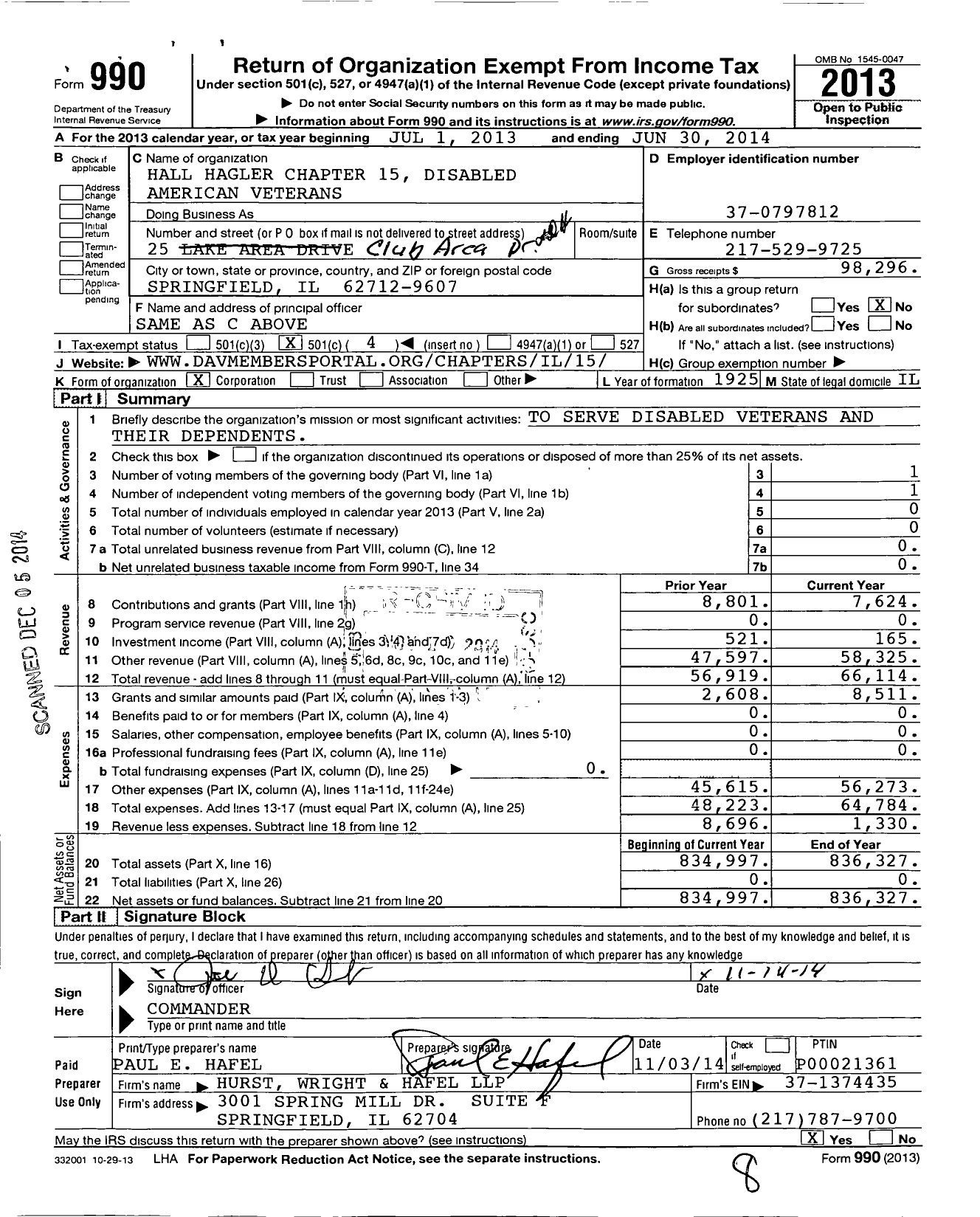 Image of first page of 2013 Form 990O for Disabled American Veterans - 15 Hall Hagler