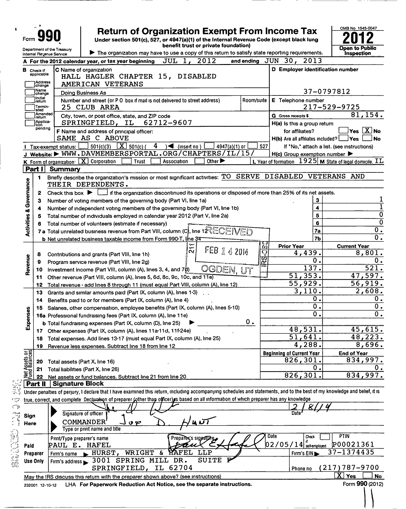 Image of first page of 2012 Form 990O for Disabled American Veterans - 15 Hall Hagler