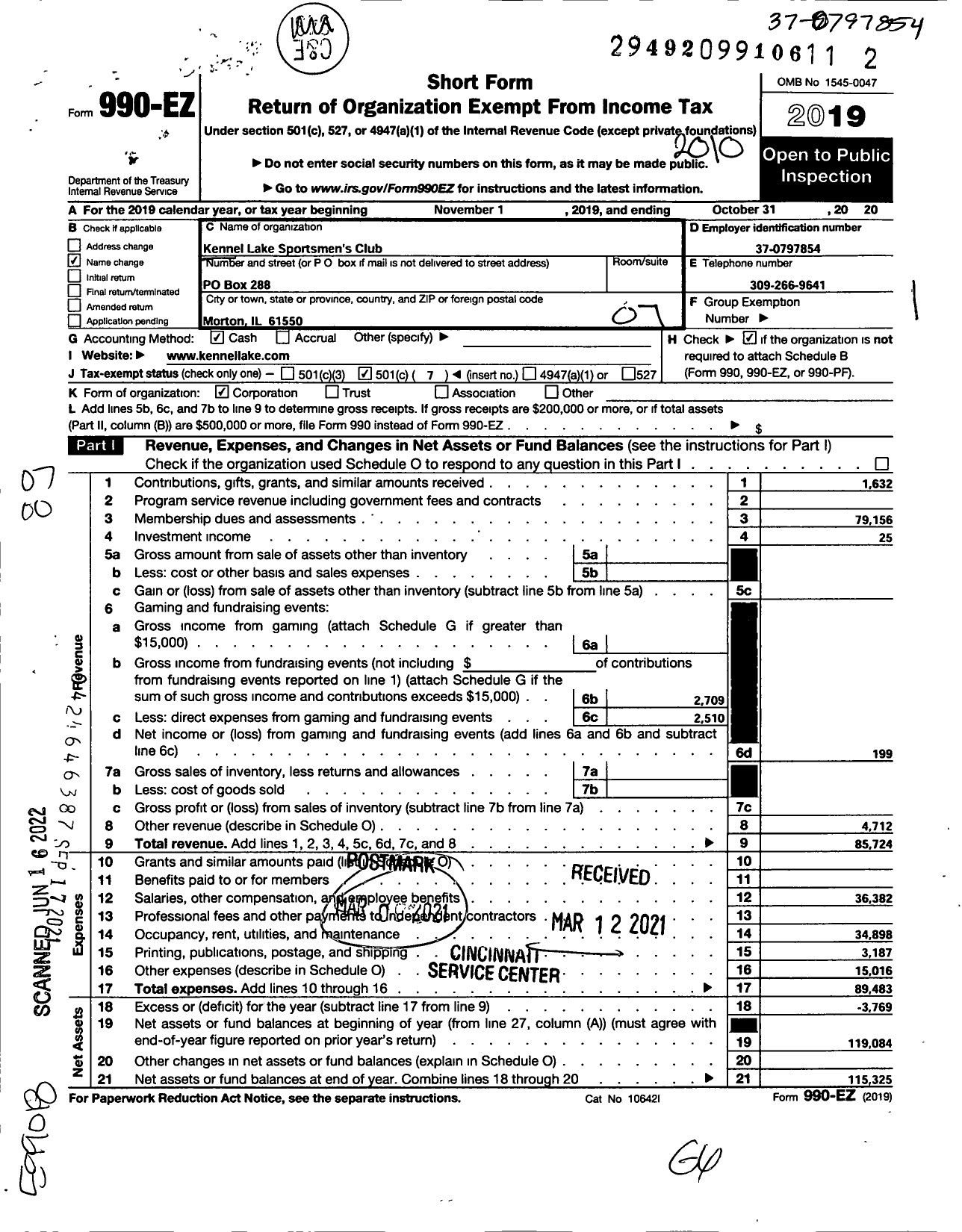 Image of first page of 2019 Form 990EO for Kennell Lake Sportsmens Club