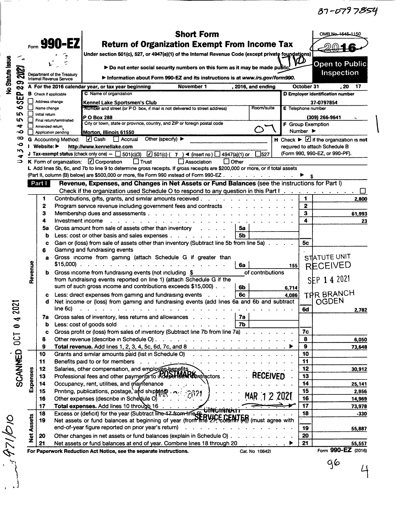 Image of first page of 2016 Form 990EOA for Kennell Lake Sportsmens Club