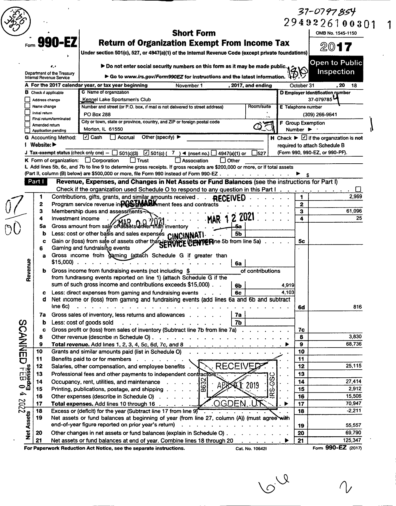 Image of first page of 2017 Form 990EO for Kennell Lake Sportsmens Club