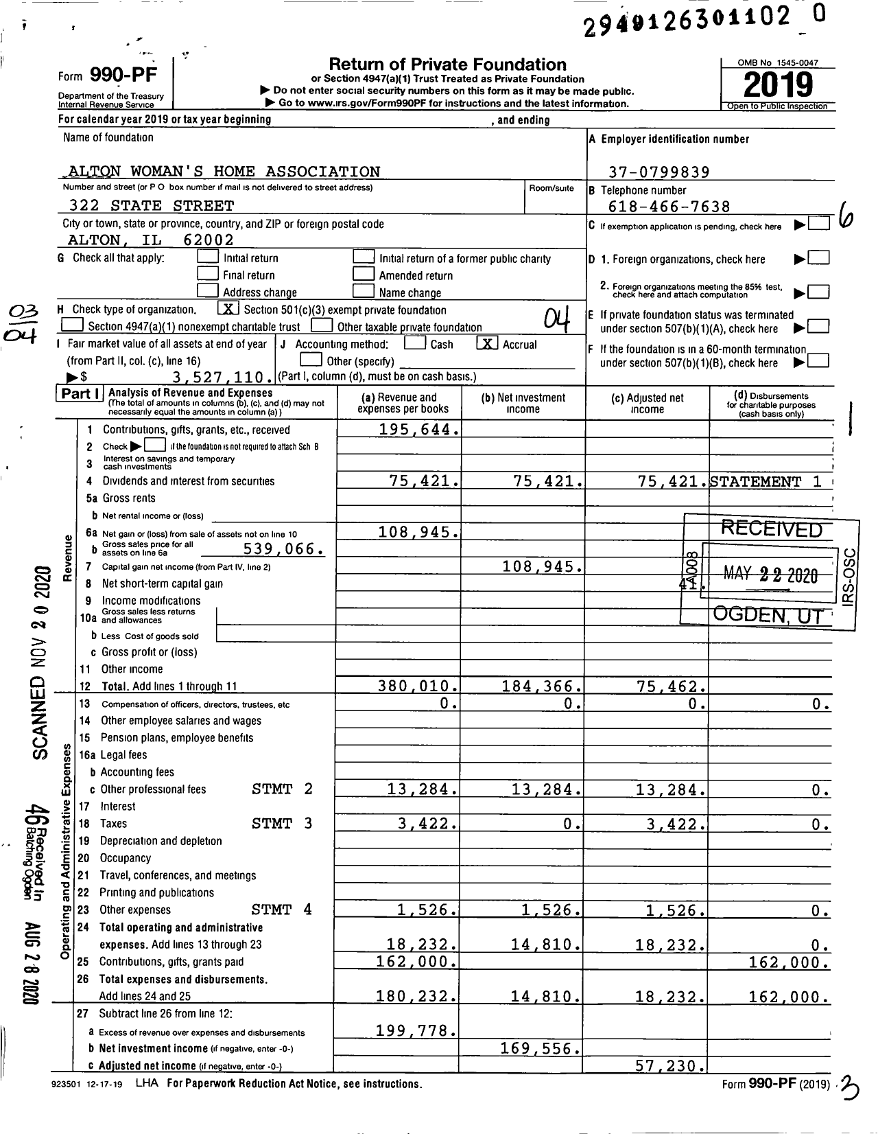 Image of first page of 2019 Form 990PF for Alton Woman's Home Association