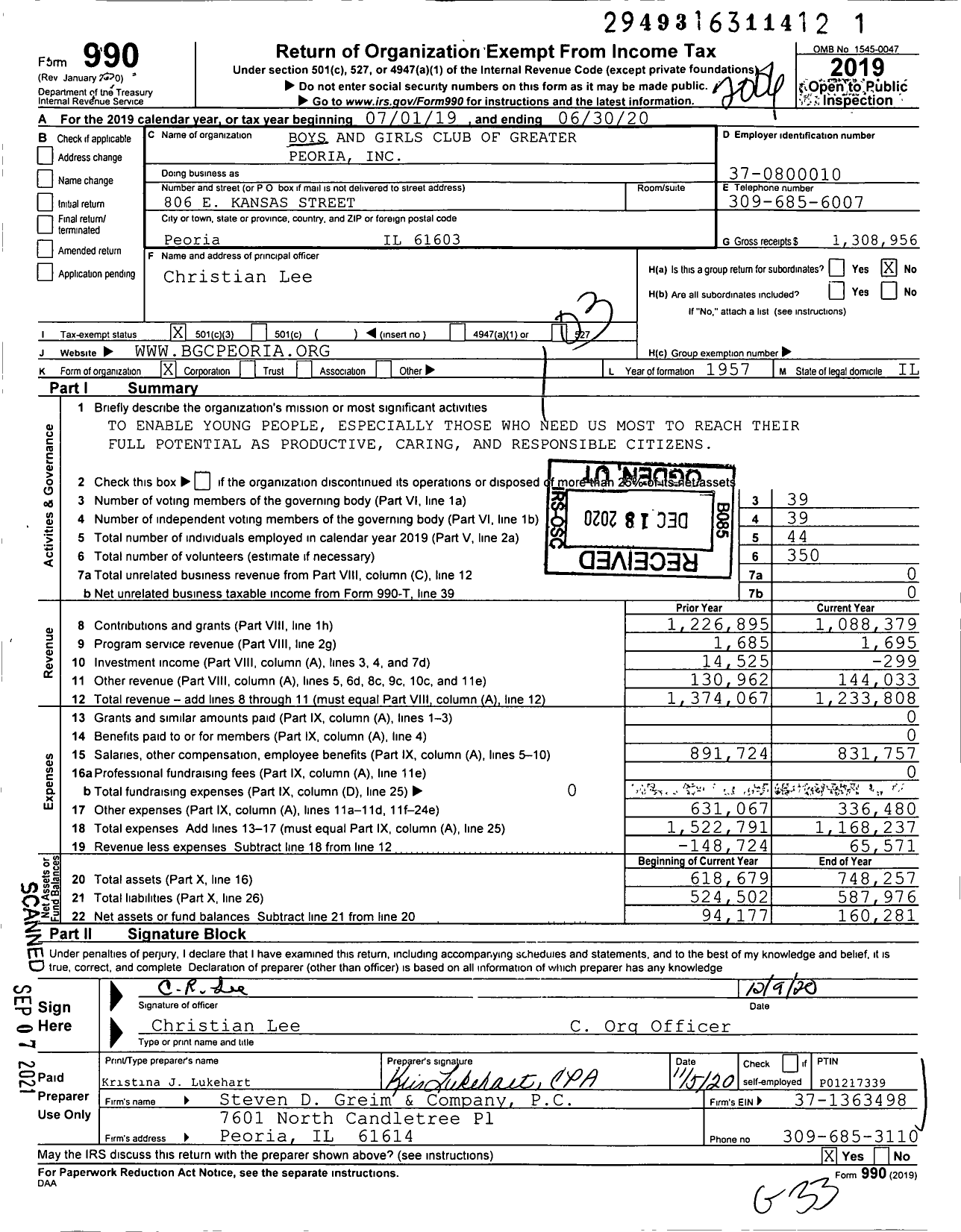 Image of first page of 2019 Form 990 for Boys and Girls Clubs of Greater Peoria